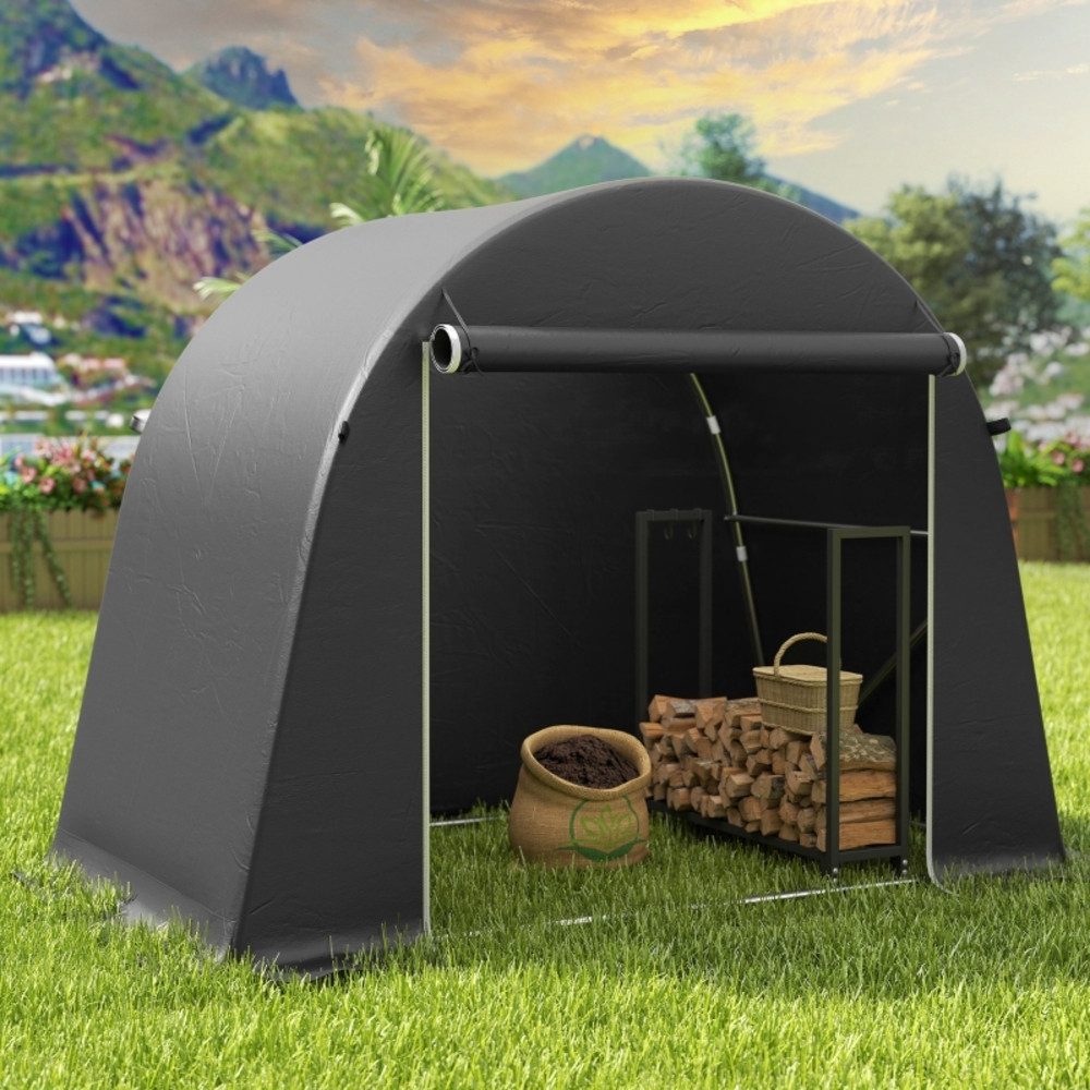 CHICFURN Gerätezelt Tragbarer Gartenschuppen in Dunkelgrau mit Rolltür & Reißverschluss, (Packung, 1 tlg., Fahrradzelt mit stabilem Metallrahmen), Vielseitige Aufbewahrung mit Kunststoff-Abdeckung für Garten