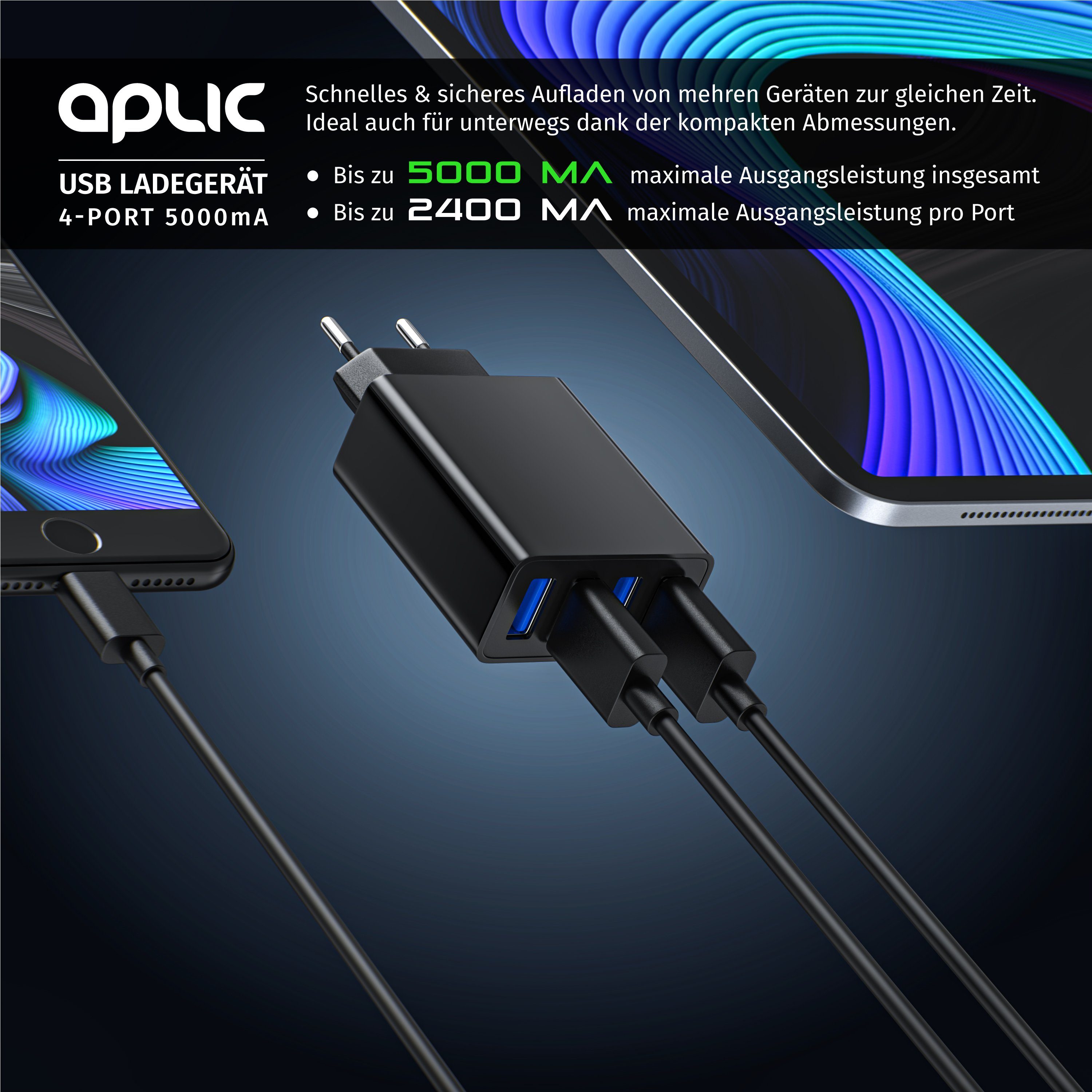 Aplic 4-Port Netzteil für Handy, Tablet uvm. 5000mA, 2,4A Max. je Port, 25W USB-Ladegerät (5000 mA, 1-tlg., lädt 4 Geräte gleichzeitig, für Familie, Büro und Re – Bild 4 von 5