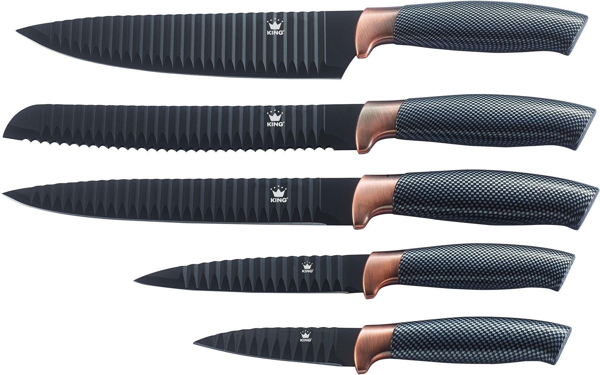 KING Messer-Set Carbon Design (Set, 6-tlg), (5 Messer), incl. Sparschäler, Wellenschliff