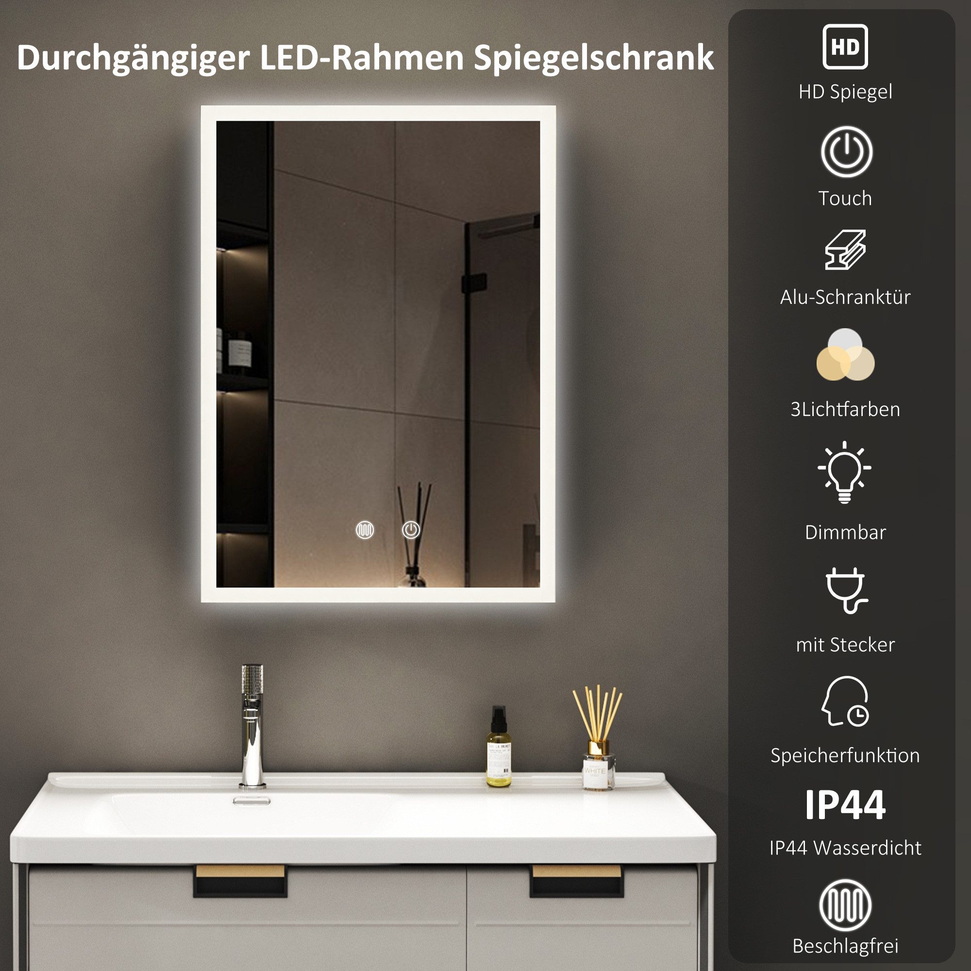 Spiegelschrank LED Schwarz Alu-Schranktür Badezimmerspiegelschrank 50x70x13cm