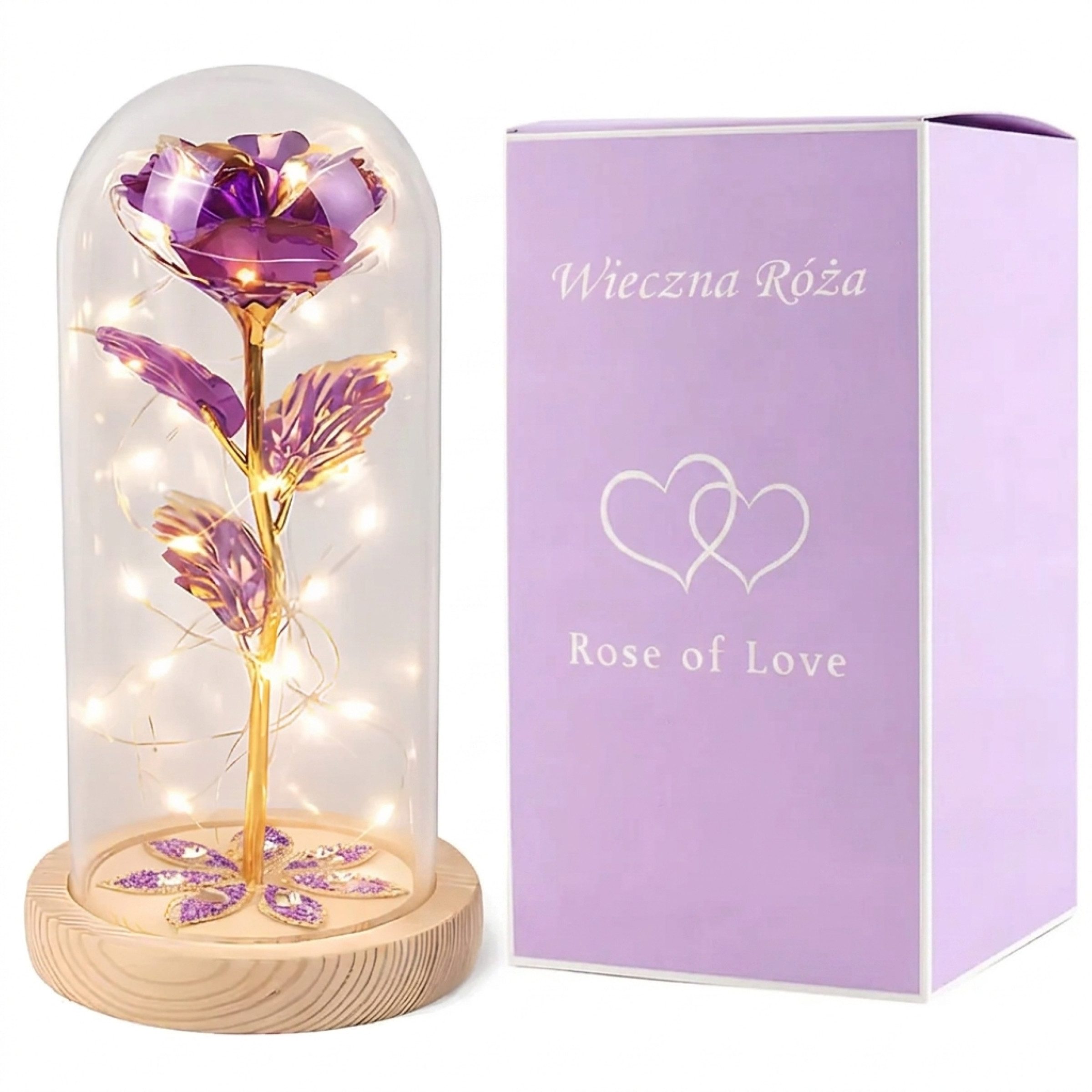 AMORE MIO LED Dekoobjekt LED Rosen Ornament mit Holzsockel und Dekokuppel Geschenk, LED fest integriert, Romantische Forever Rose 22cm hoch batteriebetrieben mit Holz-Sockel