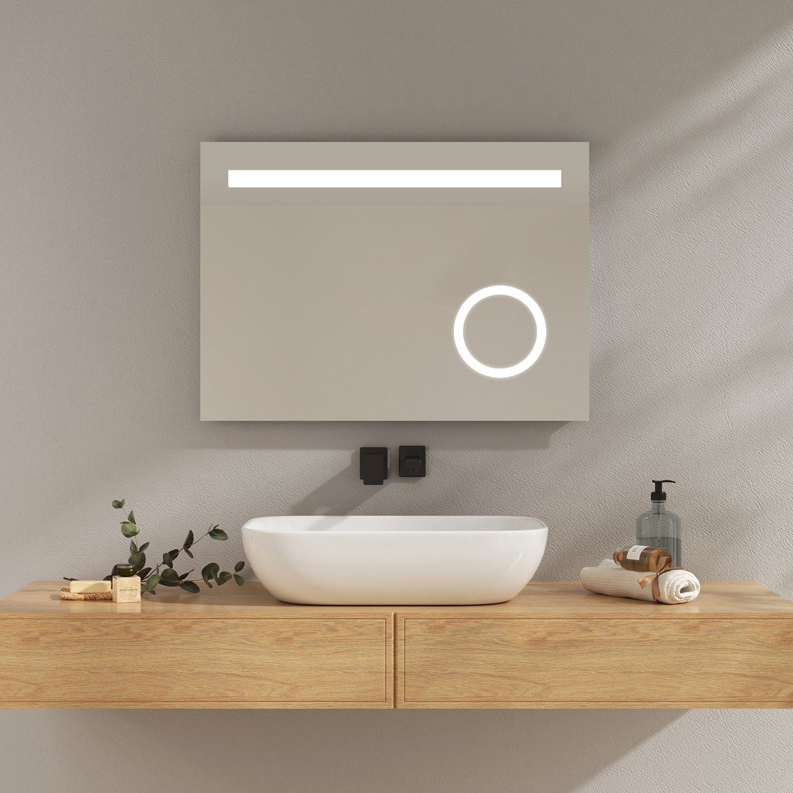 EMKE Badspiegel EMKE LED Badezimmerspiegel mit Beleuchtung LED Wandspiegel,  mit Taste und Beschlagfrei, 2 Lichtfarbe Warmweiß/Kaltweiß
