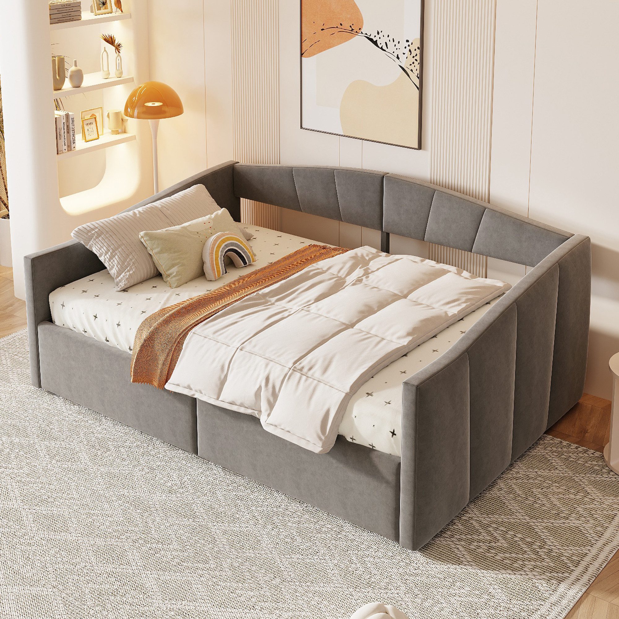 OKWISH Schlafsofa Polsterbett Stauraumbett, mit hydraulischem Stauraum, samtgepolstert & Lattenrost 140x200 cm, Inklusive Matratze