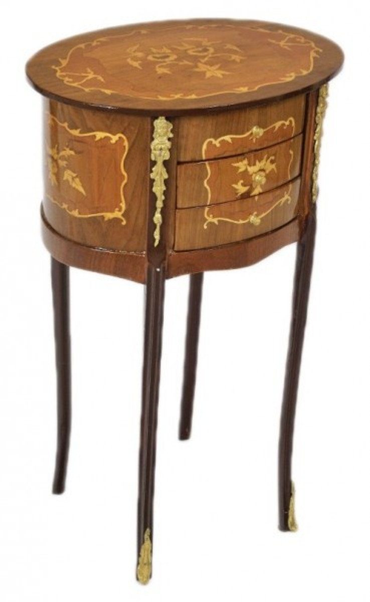 Casa Padrino Beistelltisch Barock Kommode Mahagoni - Oval Stil Antik Intarsien Schubladen 3 / mit Nachtschrank Gold