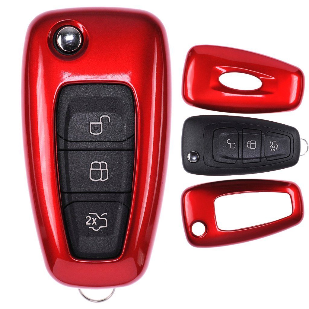 Klappschlüssel Rot, Mondeo Metallic mt-key Focus Ford Schlüsseltasche Fiesta Schutzhülle für Transit S-Max Autoschlüssel Hardcover