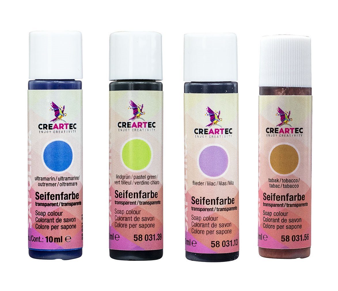 CREARTEC Farbpigment Seifenfarben Transparent - 4er Set - Flieder, Blau, grün, Tabak, zum Herstellen farbiger Seifen - Made in Germany