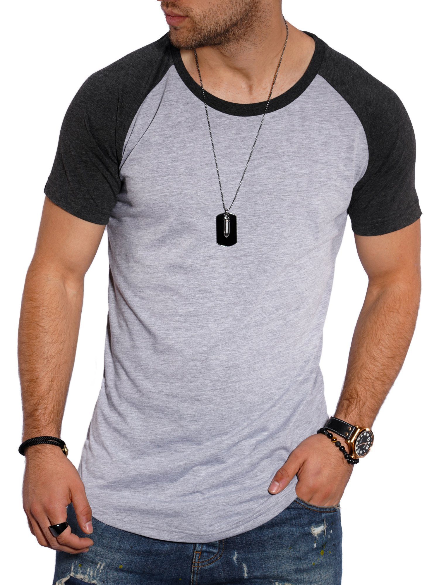 SDBOISE T-Shirt Basic Style-Division Raglan-Stil im Hellgrau-Schwarz