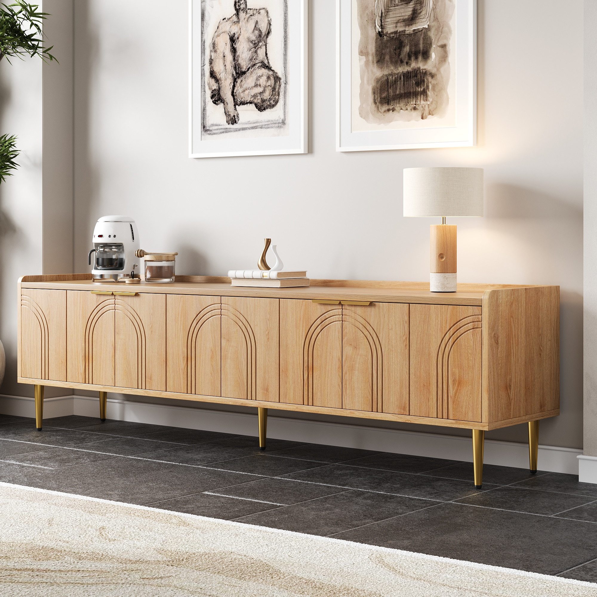 Merax Lowboard mit 3D-Türdesign (Fernsehschrank, 1 St., Stilvoller Stauraum für Wohnzimmer, Entertainmentbereich & mehr), TV-Schrank mit goldenen Griffen & Meta – Bild 3 von 5