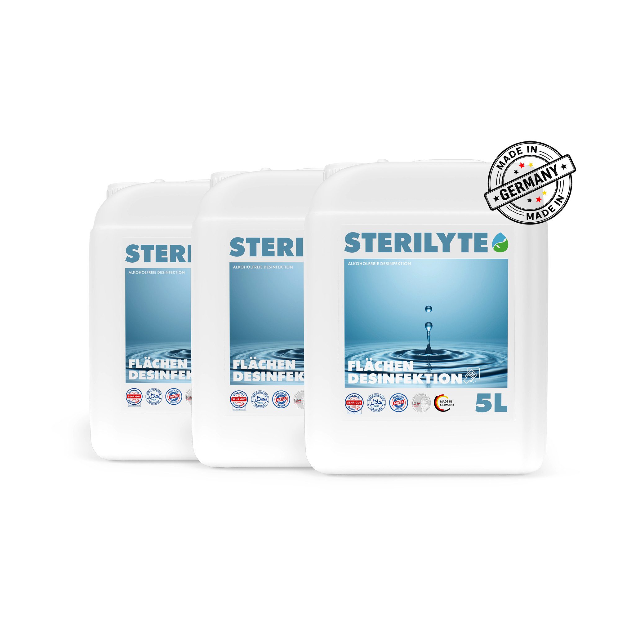 Sterilyte Flächendesinfektion - alkoholfrei - Halal & Koscher Oberflächen-Desinfektionsmittel (500ml, 1000ml, 5000ml, 10000ml, 15000ml, 20000ml)