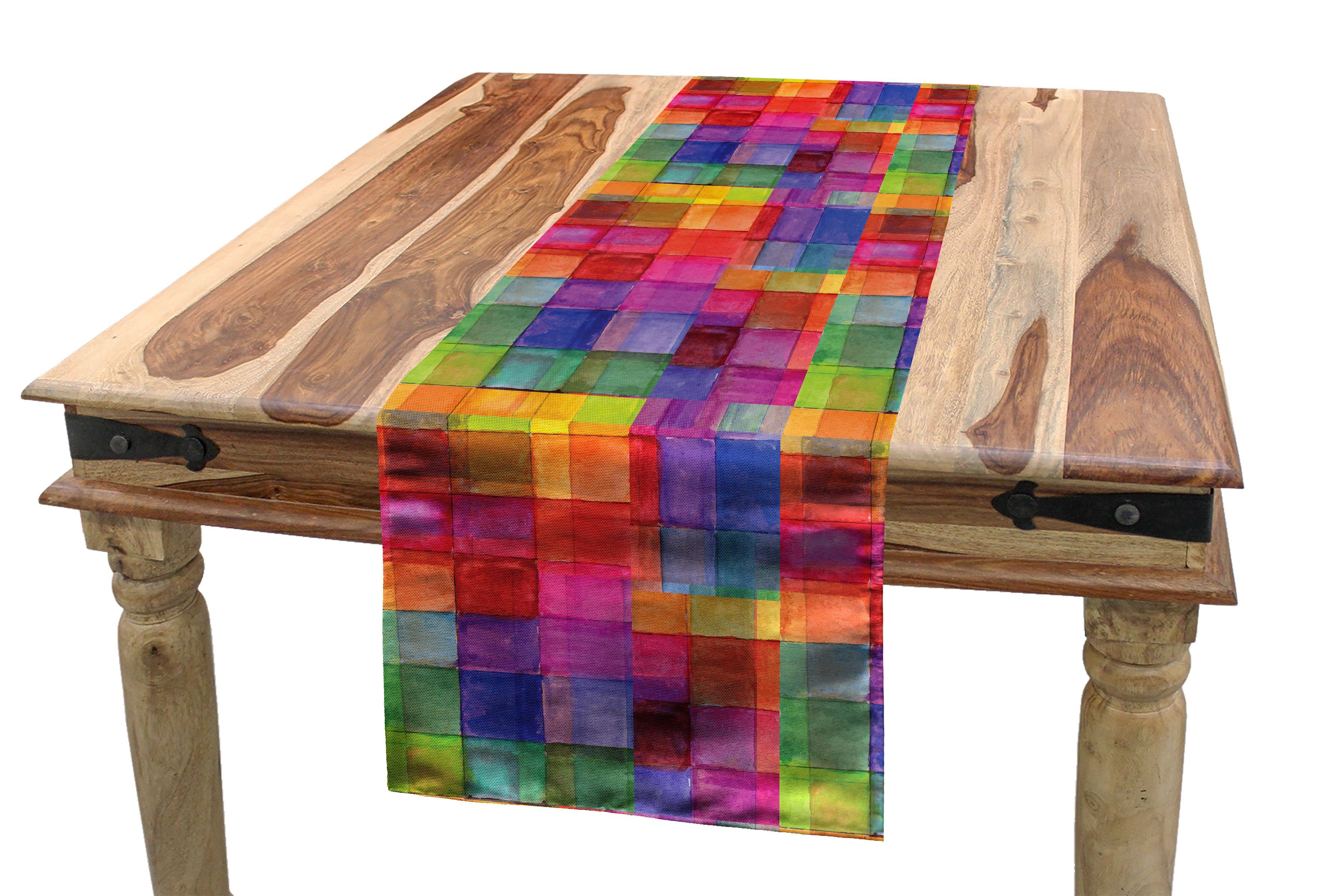 Abakuhaus Tischläufer Esszimmer Küche Rechteckiger Dekorativer Tischläufer, Abstrakt Regenbogen-Farben-Quadrate