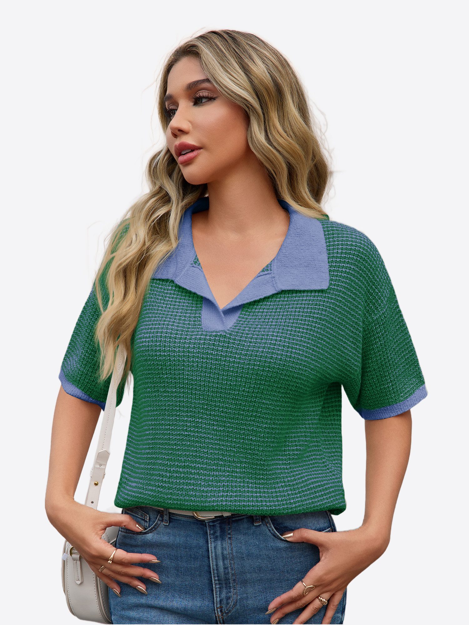 Strickpullover Damen gestreifter Pullover mit Polokragen