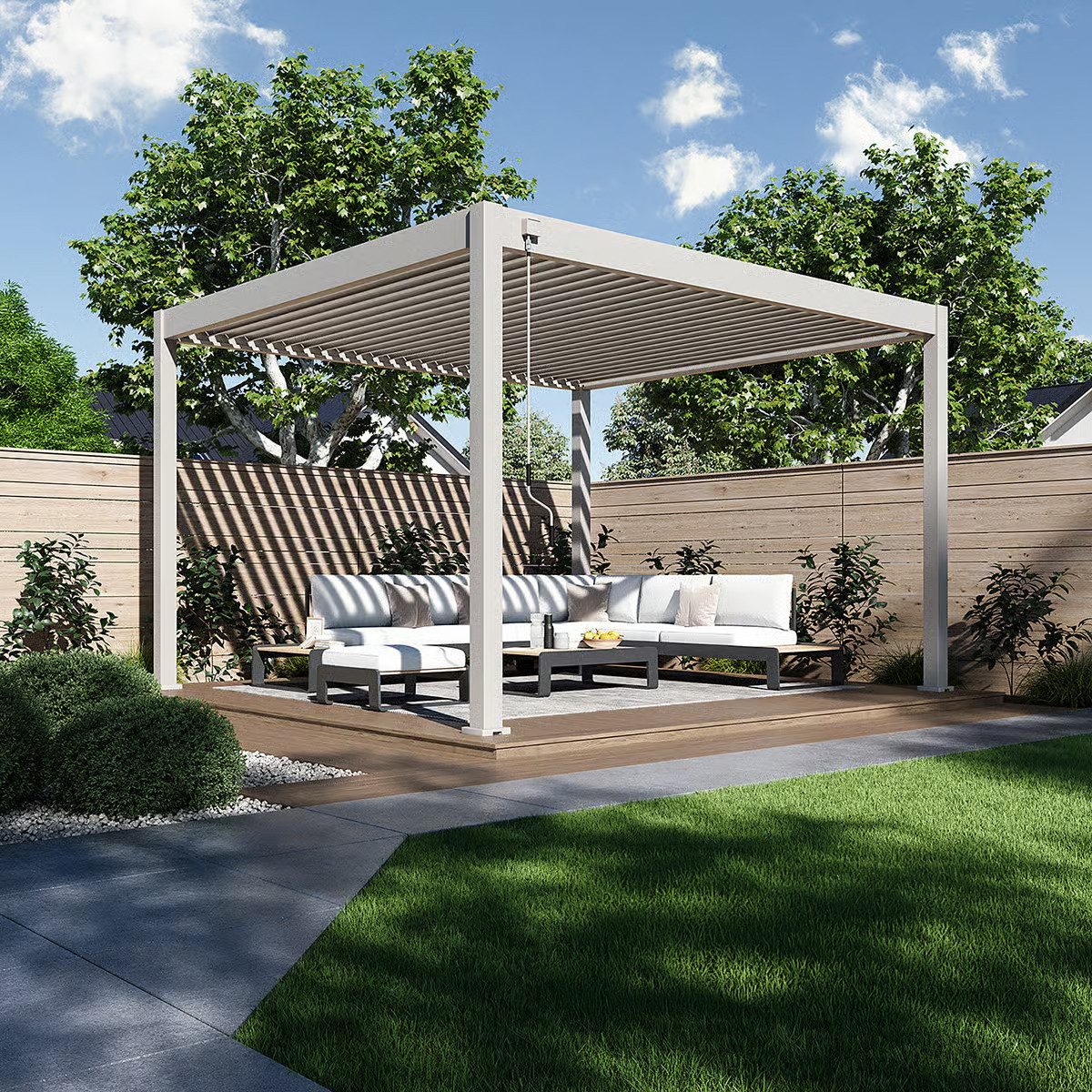 Weide Pergola Deluxe Voll-Alu Pergola 3,6 x 4 M Ivory Sand Lamellendach, BxTxH: 400x360x255 cm, (Hochwertigste Aluminium-Konstruktion & verzinkte Stahl-Lamellen, Komplettset inkl. detaillierter Aufbauanleitung)