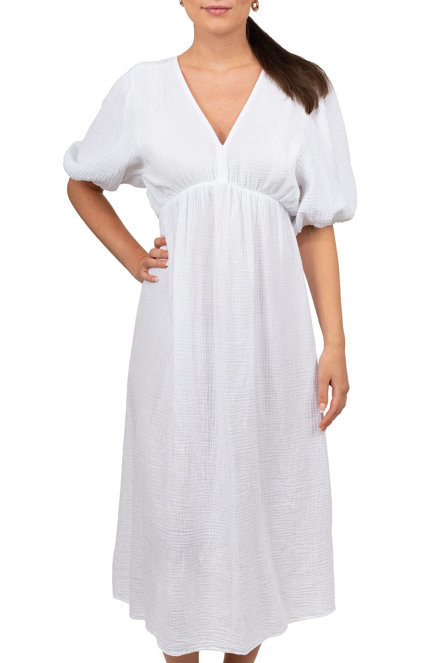 Reichstadt Sommerkleid Damen Musselin 25RSW077 Feminine Puffärmel und Rückenschleife