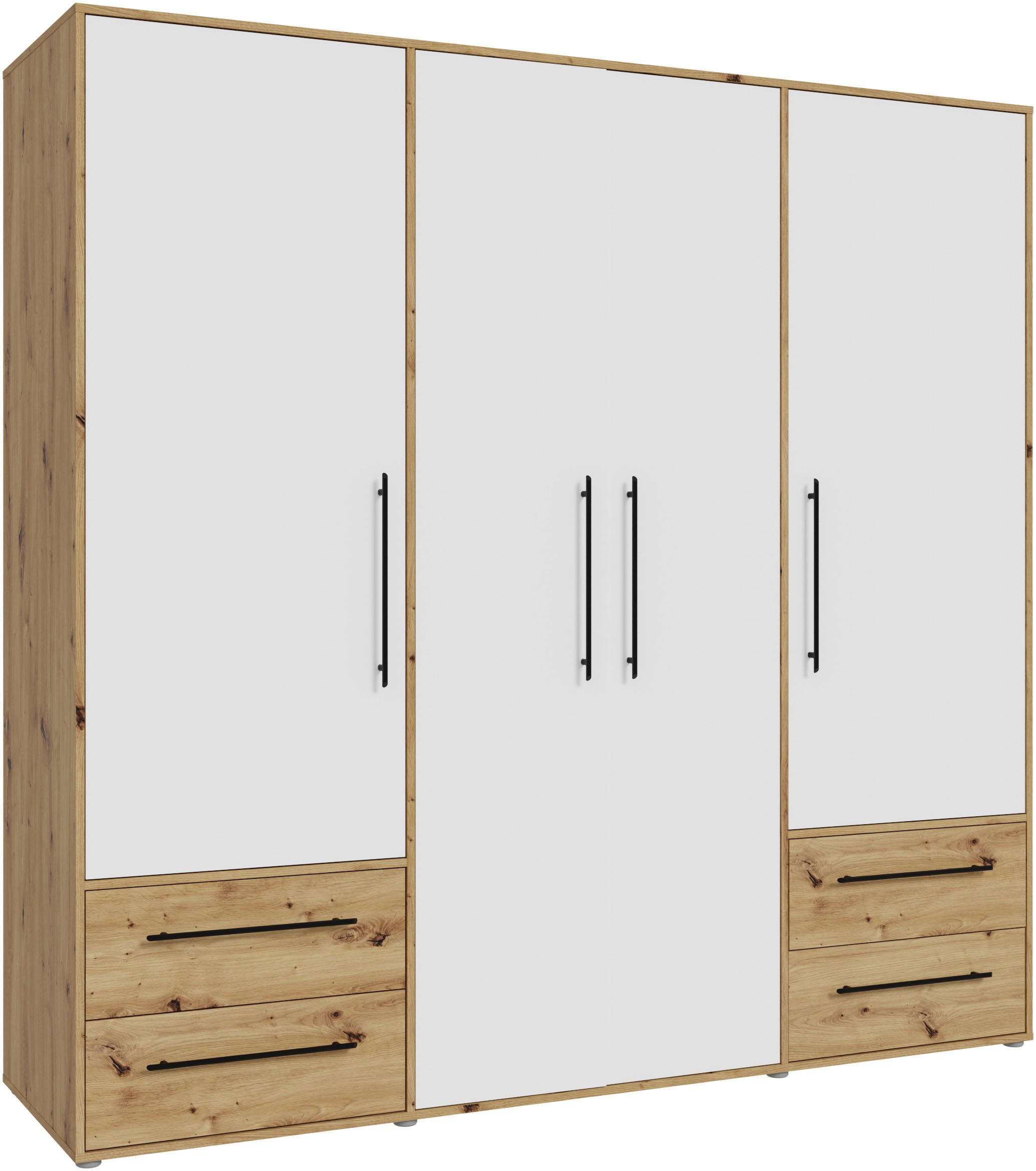 FORTE Kleiderschrank Mokkaris, Garderobe, zeitloses Design, 4 Türen, Made in Europe (B/H/T ca. 206x200x59cm) 4 Schubladen + schwarze Stangengriffe, Made in Europe, viel Stauraum