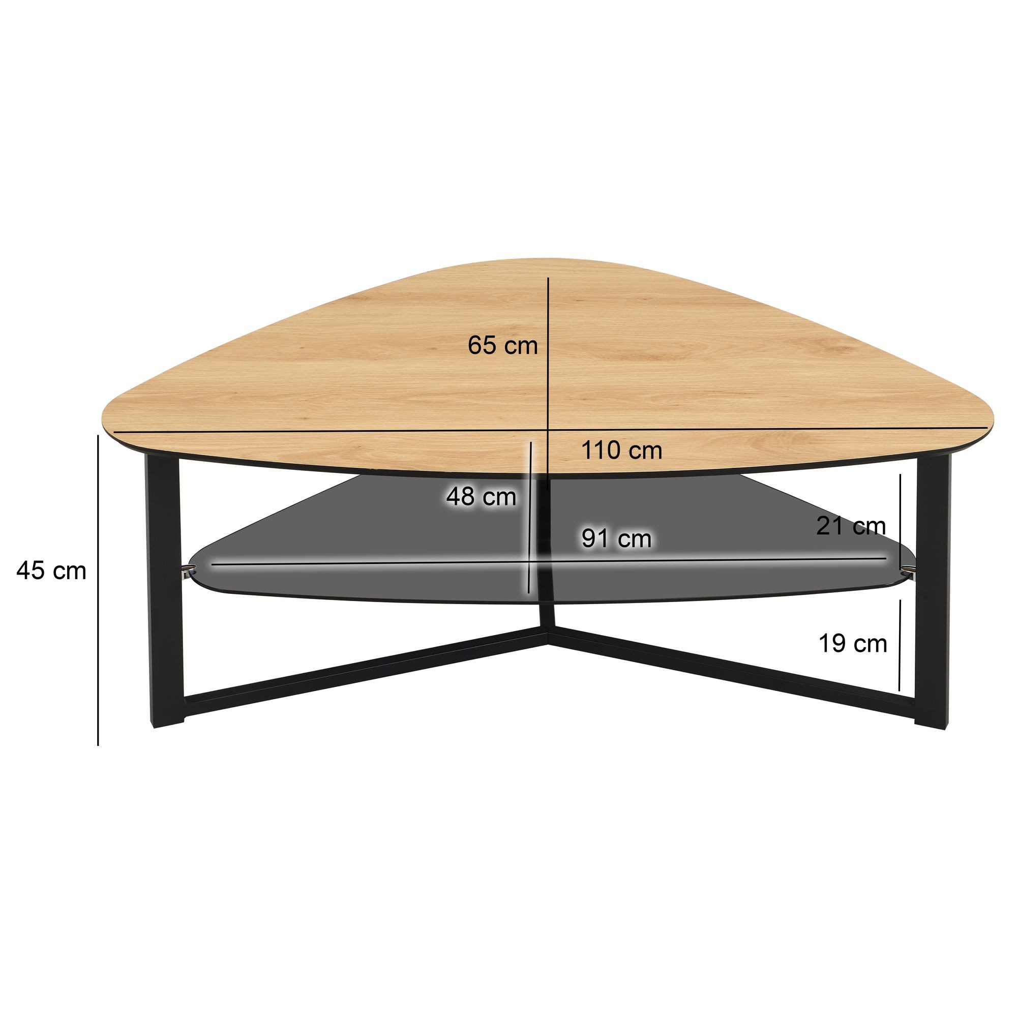 FINEBUY Couchtisch FB111830 Wohnzimmertisch Nierenförmig Eiche Optik Glas Ablage 110 cm (Sofatisch Nierenform 110 cm Eiche Optik Retro), Wohnzimmertisch mit Glasablage, Metallgestell
