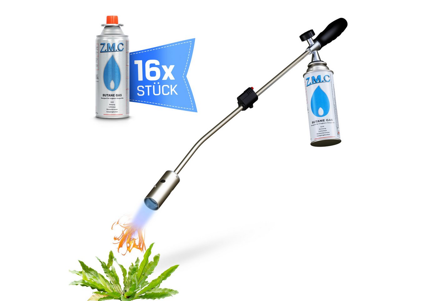 ZMC Flambierbrenner Grillanzünder Kohleanzünder Unkrautbrenner + 16x Gaskartuschen 227g, (Unkrautvernichter Unkrautreiniger Butan Brenner Abflammgerät Flammspritzpistole Gasbrenner Bunsenbrenner Lötlampe Lötbrenner), Temperatur bis zu 1300 ° C / Leistung: