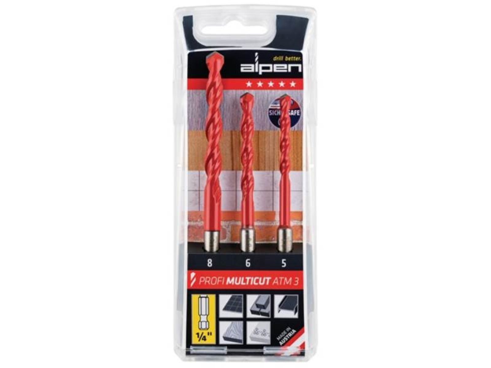 Alpen Bohrersatz ALPEN 100803100 Bohrersatz Profi Multicut 3 teilig 5, 6, 8 mm 1/4Zol