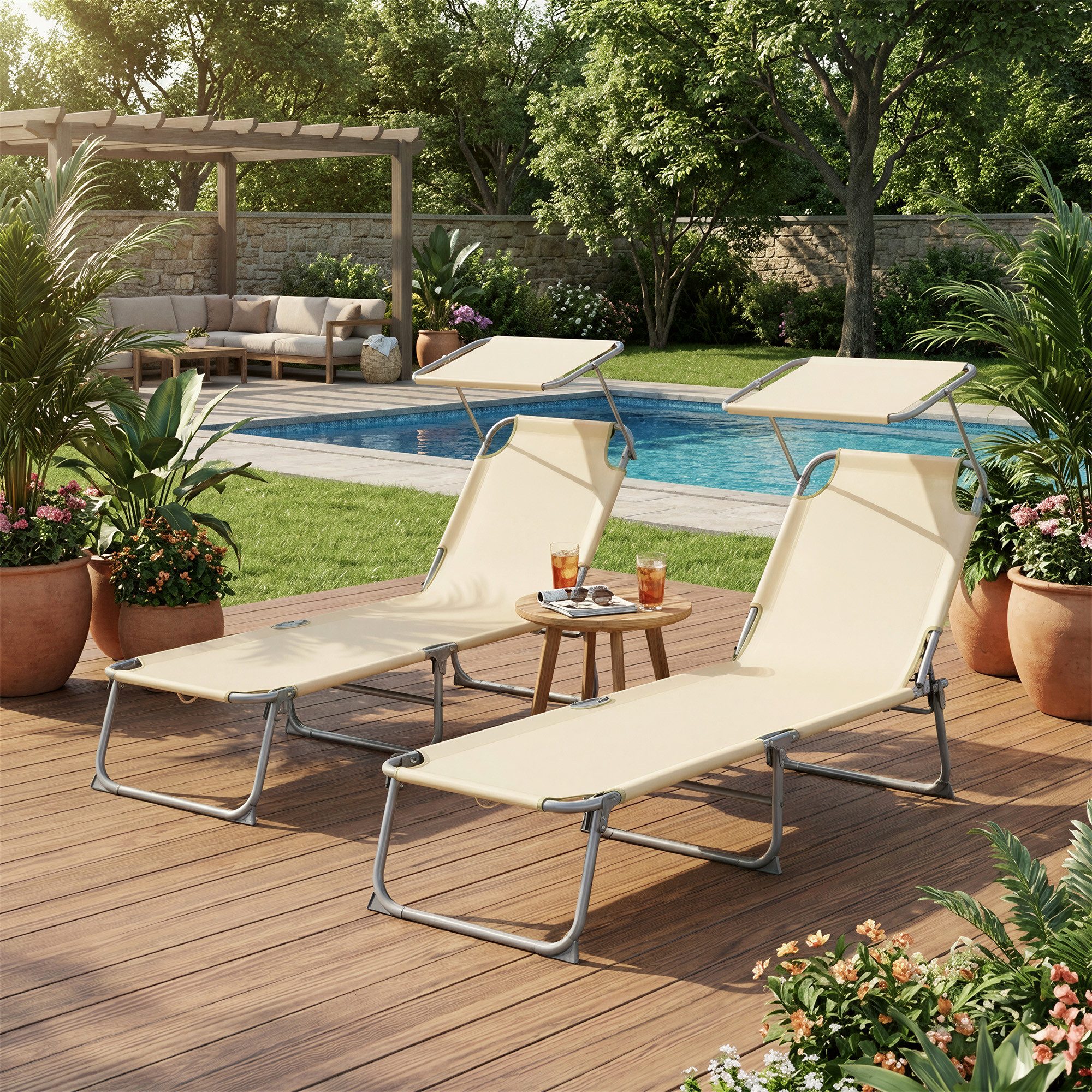 SONGMICS Gartenliege Sonnenliege klappbar, verstellbare Sonnenblende, belastbar bis 110 kg, 1 er/2 er Set