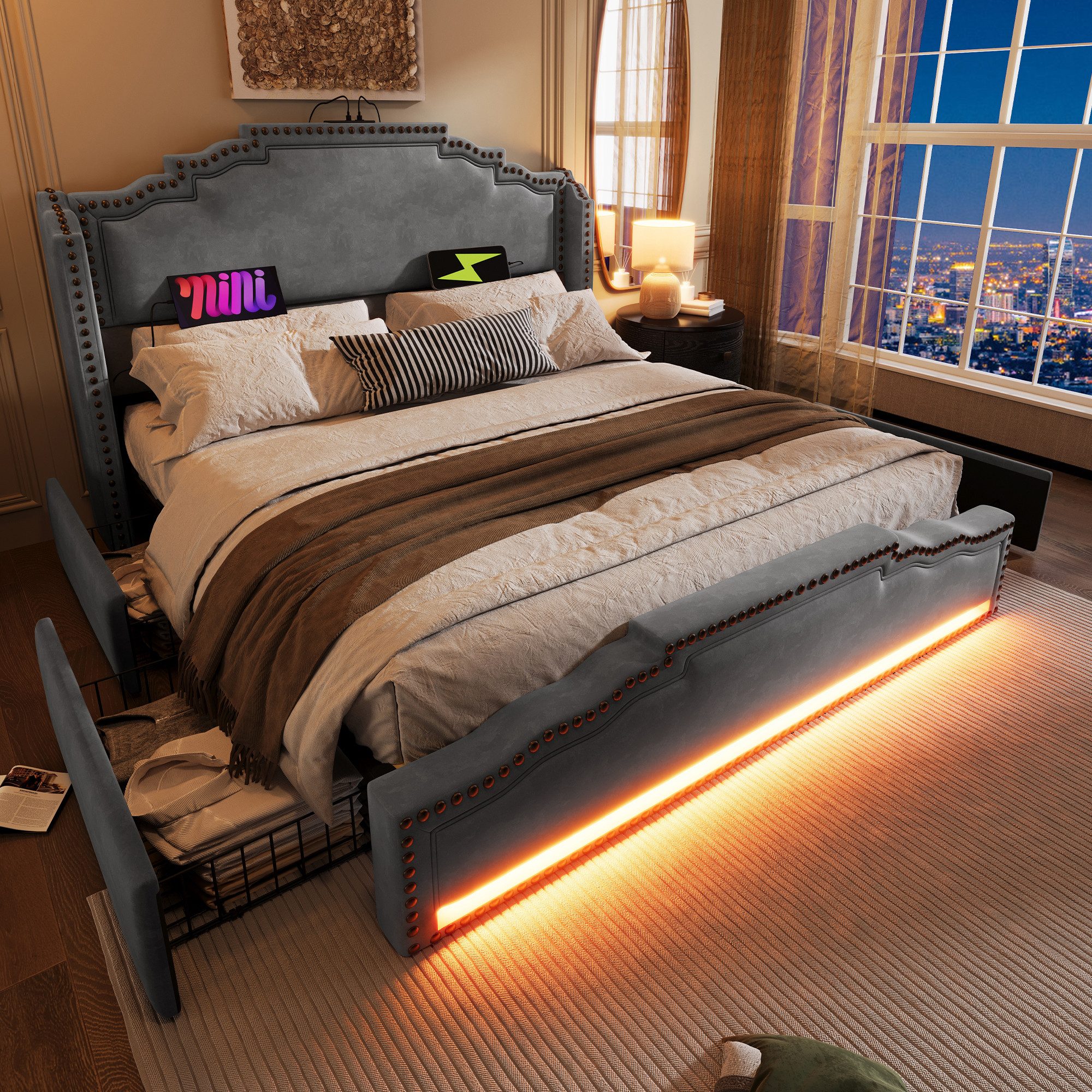 Polsterbett Jugendbett 180×200 Doppelbett Bettgestell mit Stauraum,LED und USB-C