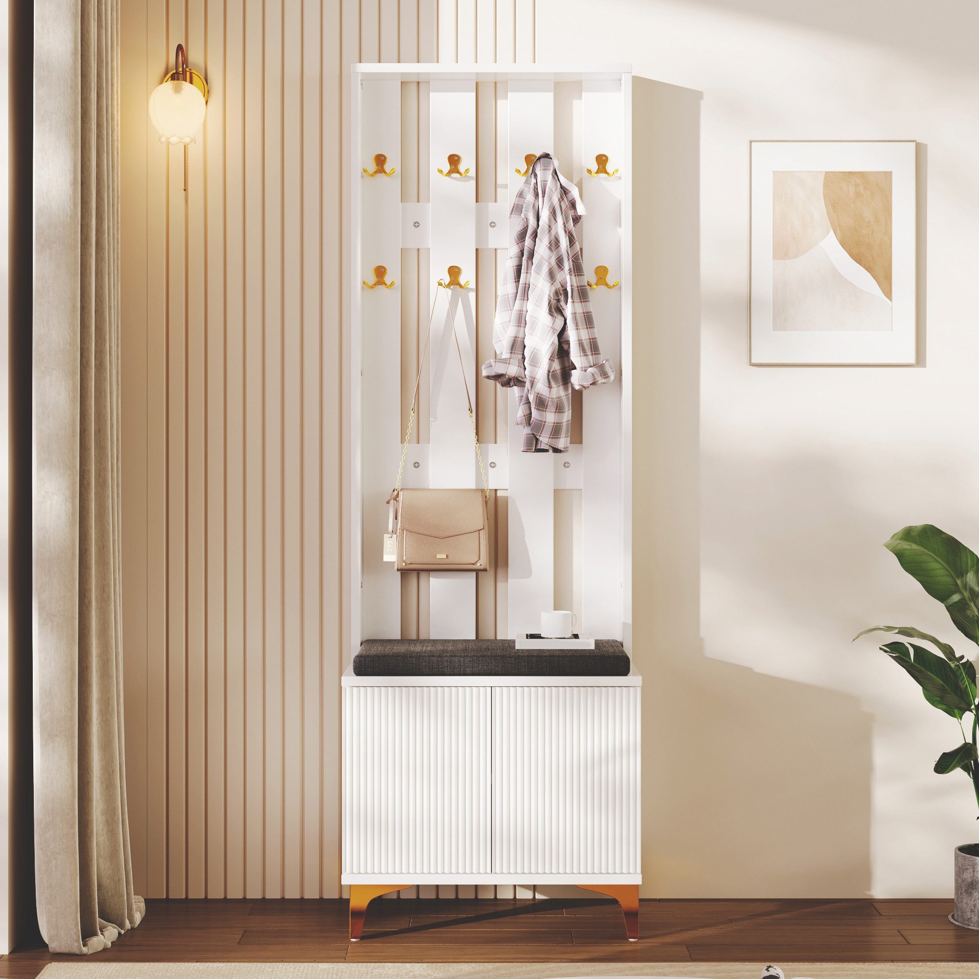 Fine Life Pro Garderobenhalter Garderobenset mit Schuhbank, Kissen & Hakenfront, praktisch & stilvoll, Flurmöbel mit Sitzgelegenheit, ideal für Eingangsbereich, platzsparend