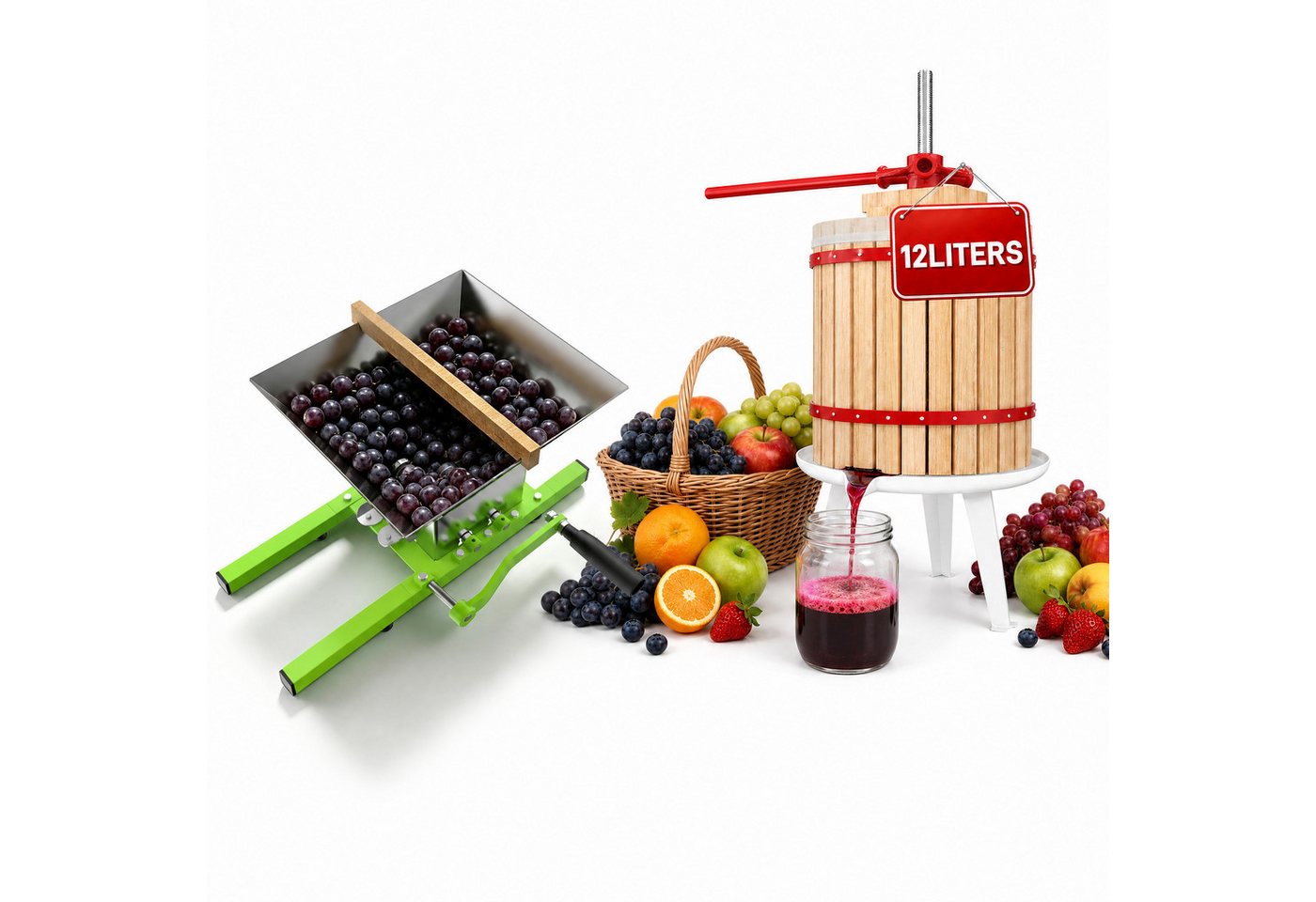 FIVMEN Entsafter Obstpresse Manuelle Fruchtpresse aus Buchenholz inkl. Presstuch, Weinpresse Saftpresse Maischepresse Obstmühle
