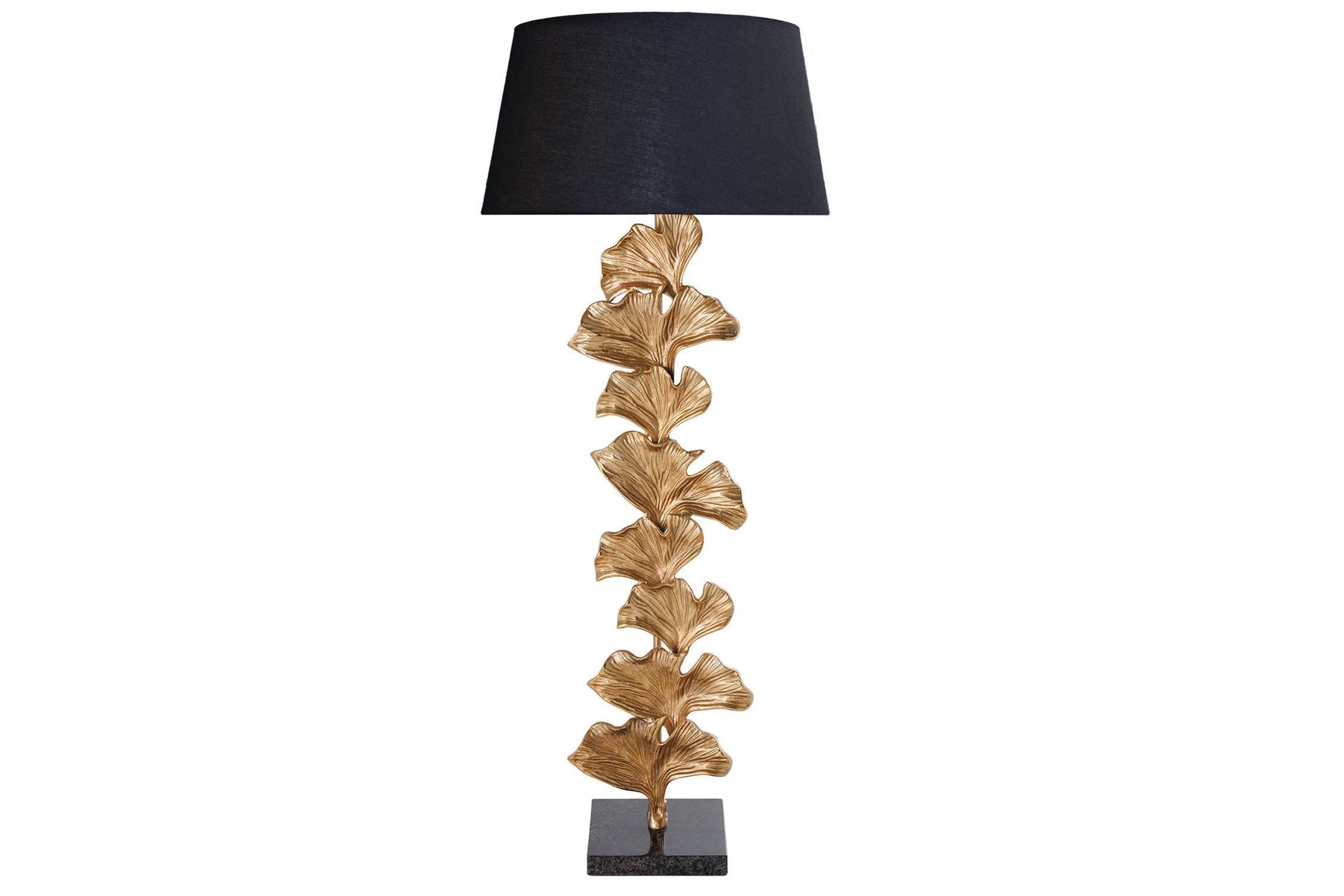 Licht-Erlebnisse Stehlampe SIMMONS, ohne Leuchtmittel, 123cm Ginko Blätter Design Metall Stoff E27 in Gold Schwarz Handarbeit