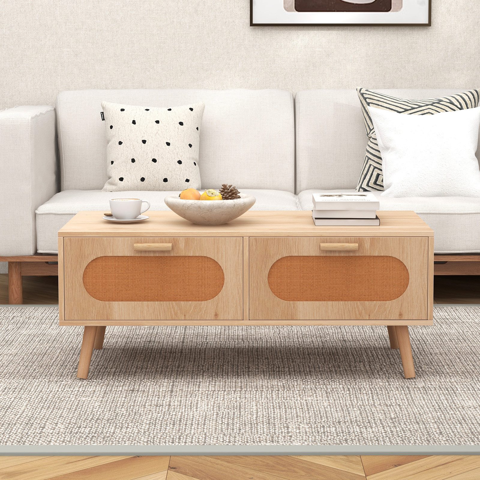 COSTWAY Couchtisch, Rattan, mit Schubladen, Fach, günstig online kaufen