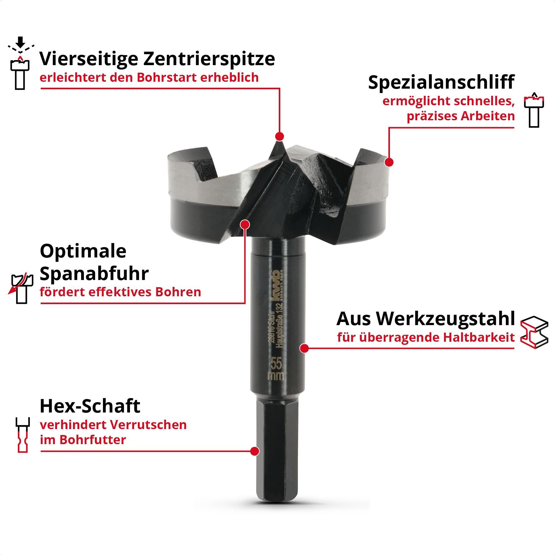 kwb Bohrer- und Bit-Set kwb Forstnerbohrer, Ø 55 mm, Topfbohrer (für Holz, geschmiedeter Bohrk, Forstnerbohrer Ø 55 mm, Topfbohrer (für Holz, geschmiedeter Bohrkopf)