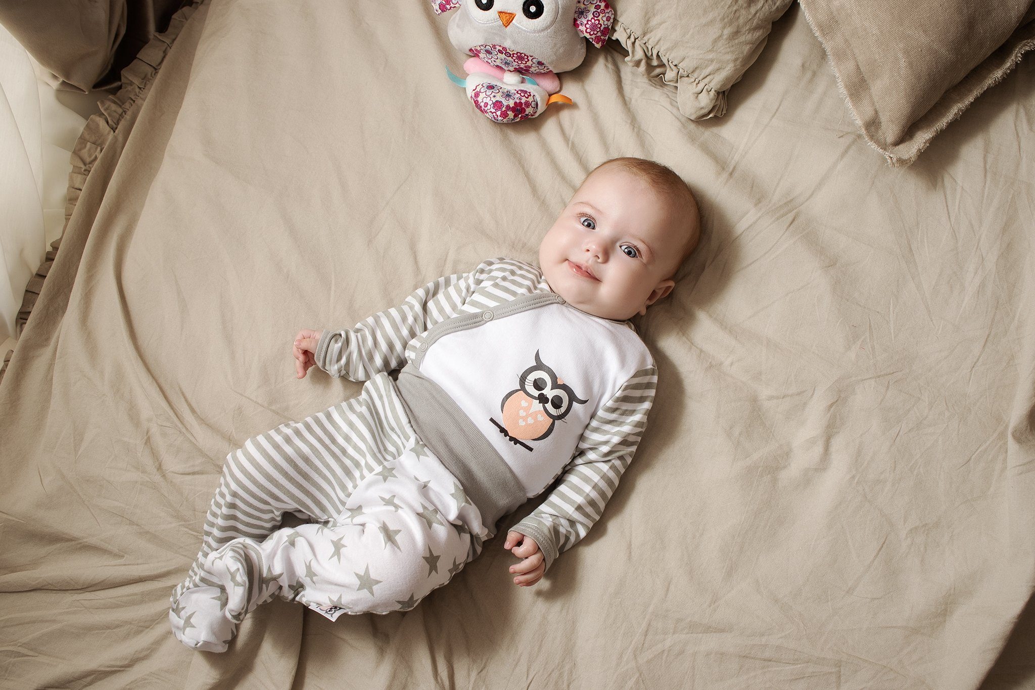 Makoma Erstausstattungspaket Baby Mädchen Eule Hose (Set, 100% Mütze) mit Body, Strampler, Baumwolle 7-tlg., Wickelbody, Fuß