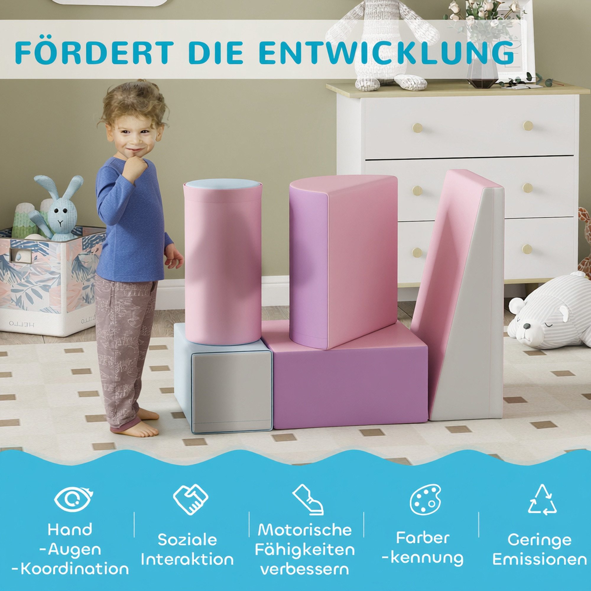 HOMCOM Schaumstoff Kinder Softbausteine klettern Bauklötze Weiche Spielbausteine, (Riesenbausteine, 5 St., Bausteinset), für 1-3 Jahre alt Kinder Kunstleder – Bild 5 von 5