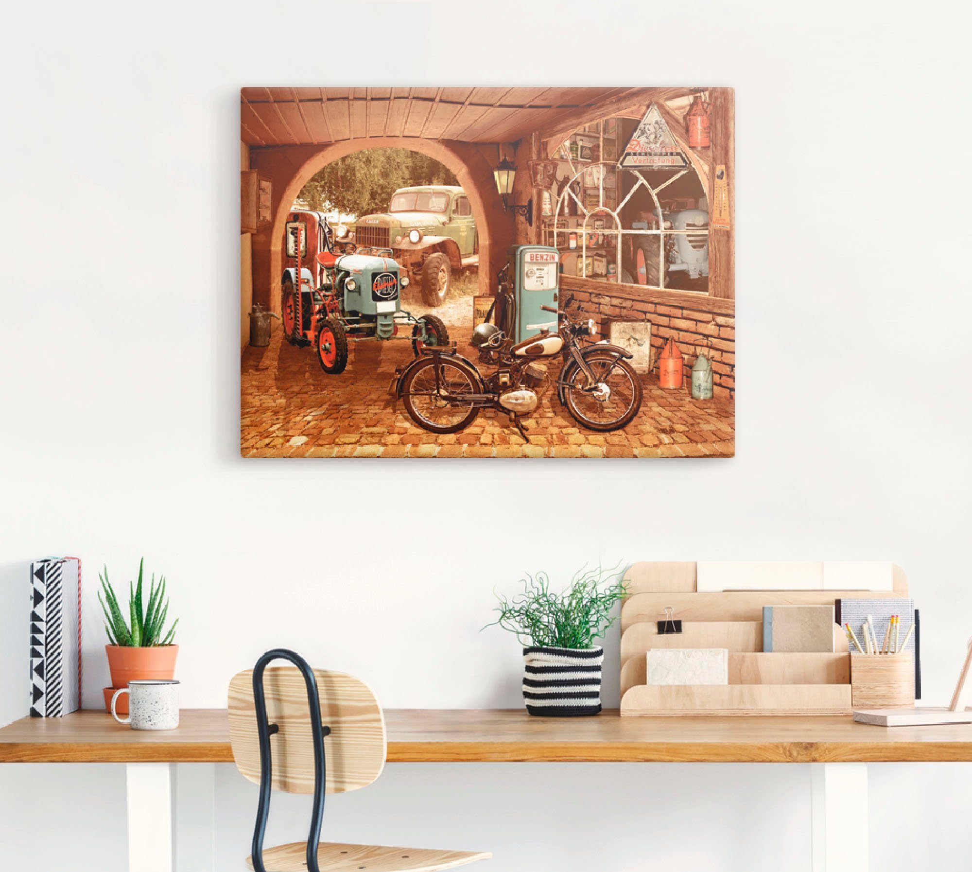 Artland Leinwandbild Werkstatt mit Traktor und Motorrad, Traktoren (1 St), auf Holzrahmen gespannt