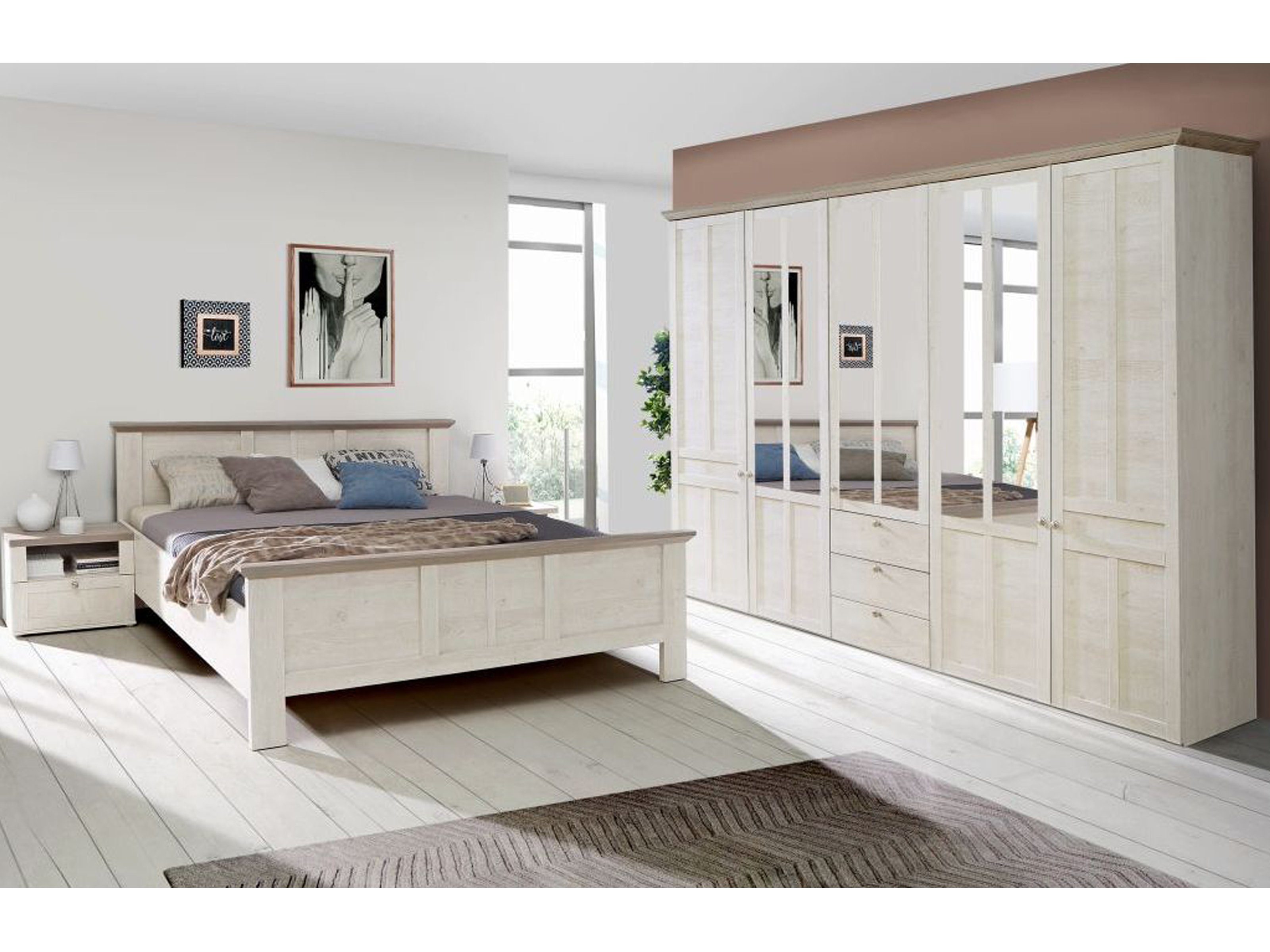 möbelando Schlafzimmer-Set Indianapolis, (4-St), Modernes 4-teiliges Schlafzimmer aus Spanplatte in Schneeeiche Nachbildung, Oberboden in Nelson Eiche Nachbildung mit 3 Spiegel-/Holztüren, 2 Holztüren, 5 Schubkästen, 5 Ablageböden, 2 Kleiderstangen und 2 offenen Fächern, Liegefläche 180x200 cm