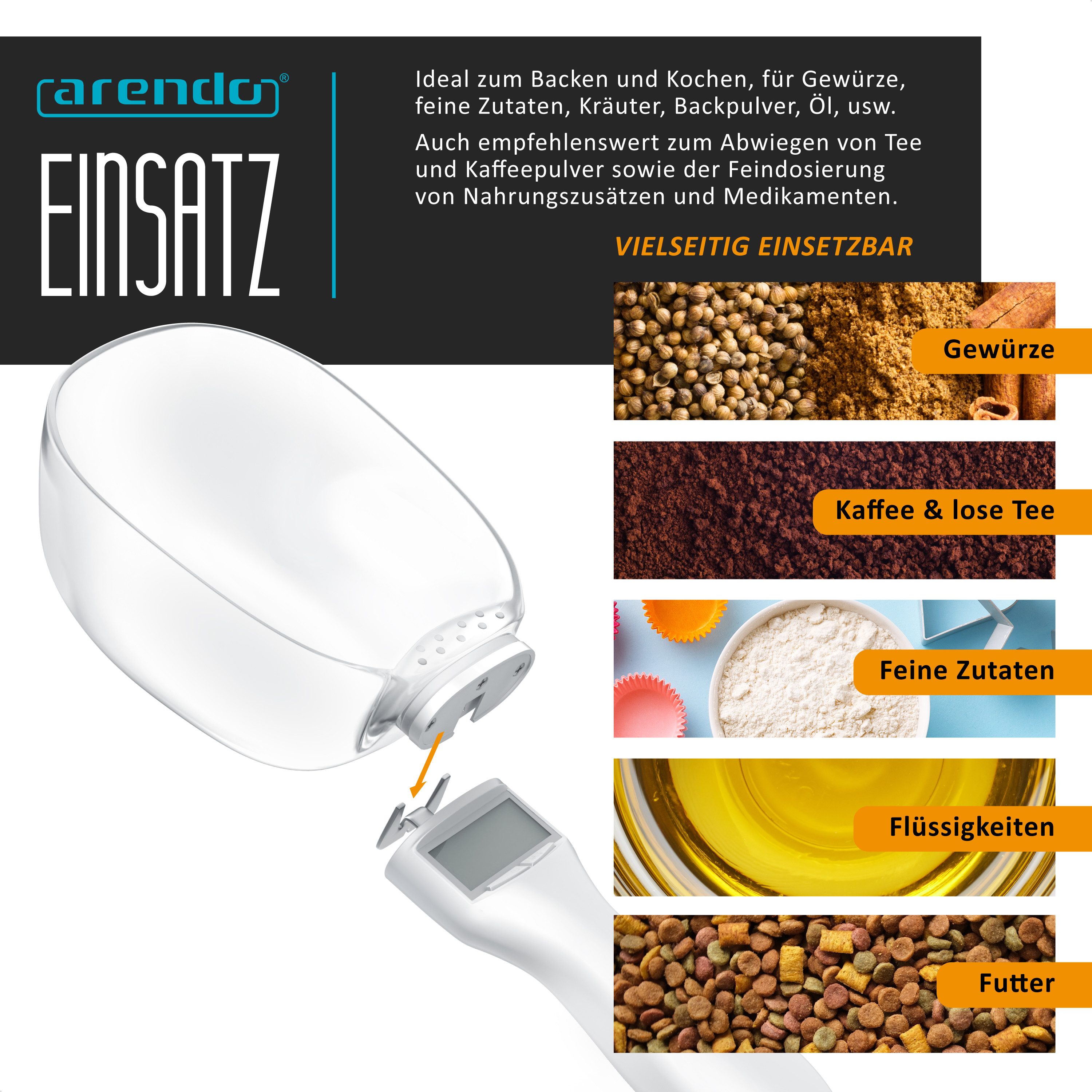 Arendo Löffelwaage Küchenwaage Feinwaage digital, 5–800 g, 1 g Auflösung, LCD-Display, (1-tlg), Einheiten g oz gn ct, abnehmbarer Löffel, Abschaltautomatik 60 s – Bild 5 von 5