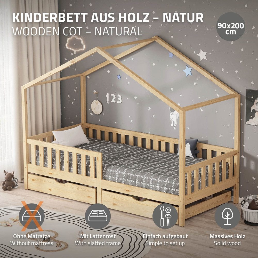ML-DESIGN Spielbett Hausbett Kinderbett inkl. 2 Schubladen, Lattenrost und Rausfallschutz, Abenteuerbett 90x200cm Haus Bett Himmelbett Kiefer Jugendbett Natur – Bild 2 von 5