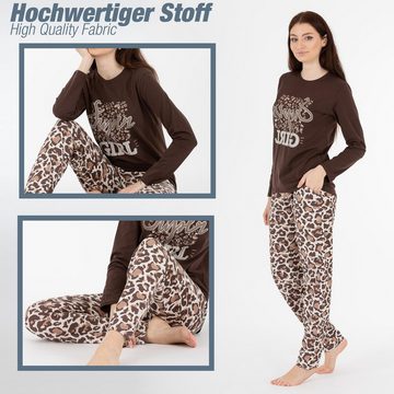 LOREZA Schlafanzug Schlafanzug Pyjama langarm- Leopard - Bunt (Set, 2 tlg)