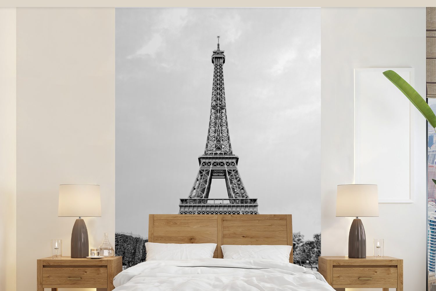 Wandtapete bedruckt, des für Vinyl Tapete (3 Schlafzimmer, Eiffelturms, Matt, MuchoWow Schwarz-Weiß-Foto St), Fototapete oder Wohnzimmer