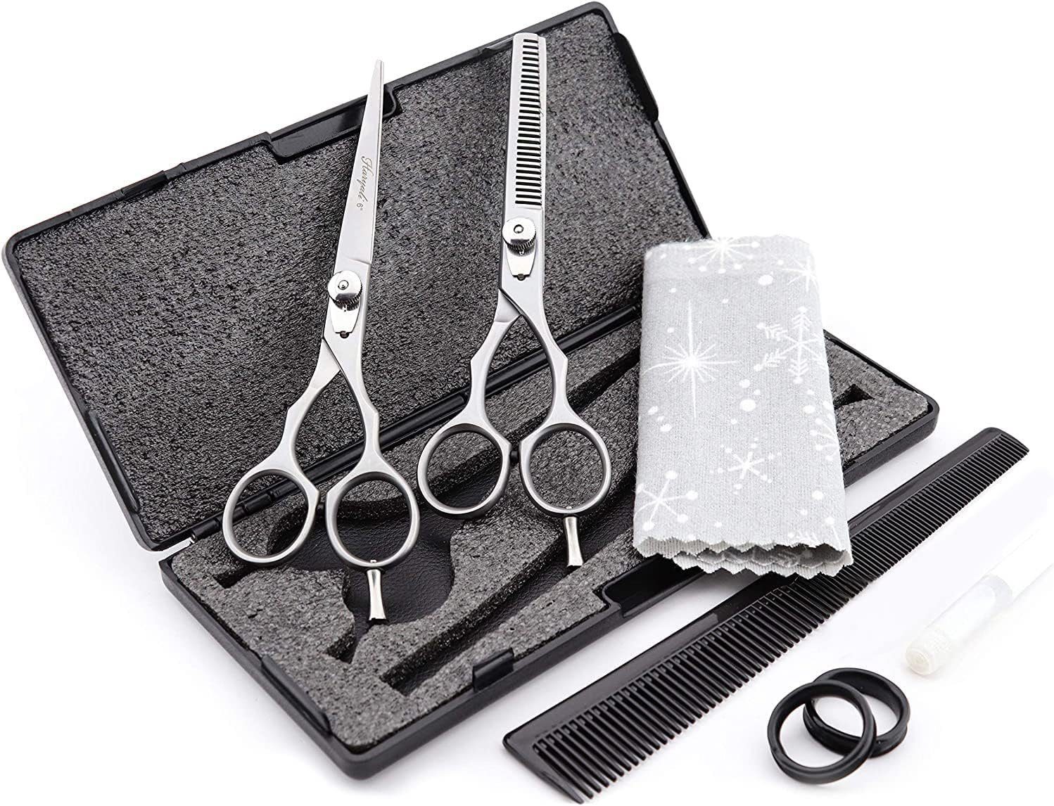 Haryali London Haarschere Friseurscheren-Set, Haarschere & Effilierschere, 6,5 Zoll, (Friseur, 2-tlg., comb, cleaning cloth, cutting scissor, thinnng scissor), Bis zu 6,5 Zoll langes Premium-cmfert