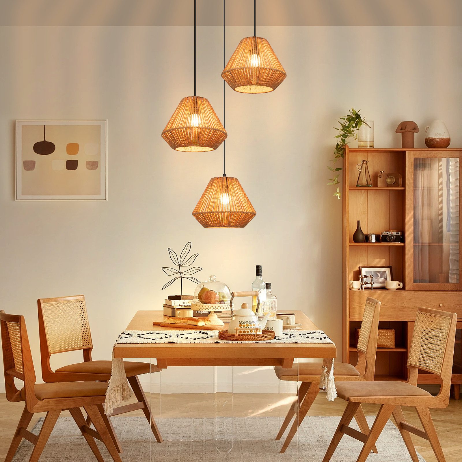 Nettlife Pendelleuchte Rattan 3 flammig Boho E27 Hängeleuchte für Esstisch, Ohne Leuchtmittel, für Esstisch Esszimmer Schlafzimmer Wohnzimmer – Bild 2 von 5