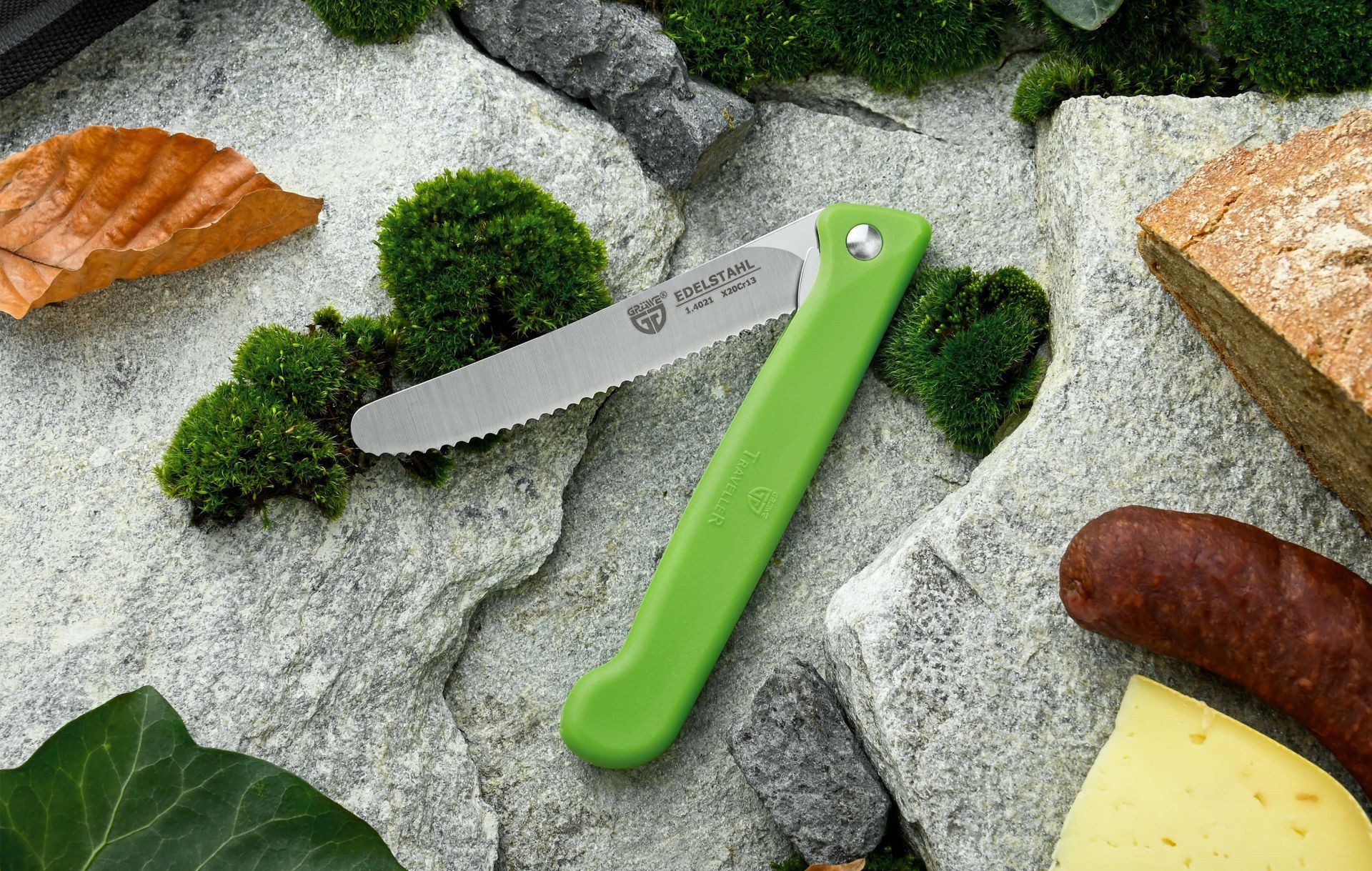 GRÄWE Brotzeitmesser Klappbares Frühstücksmesser mit Etui, Wellenschliff, Grün platzsparendes Messer für Camping, Outdoor, Trekking