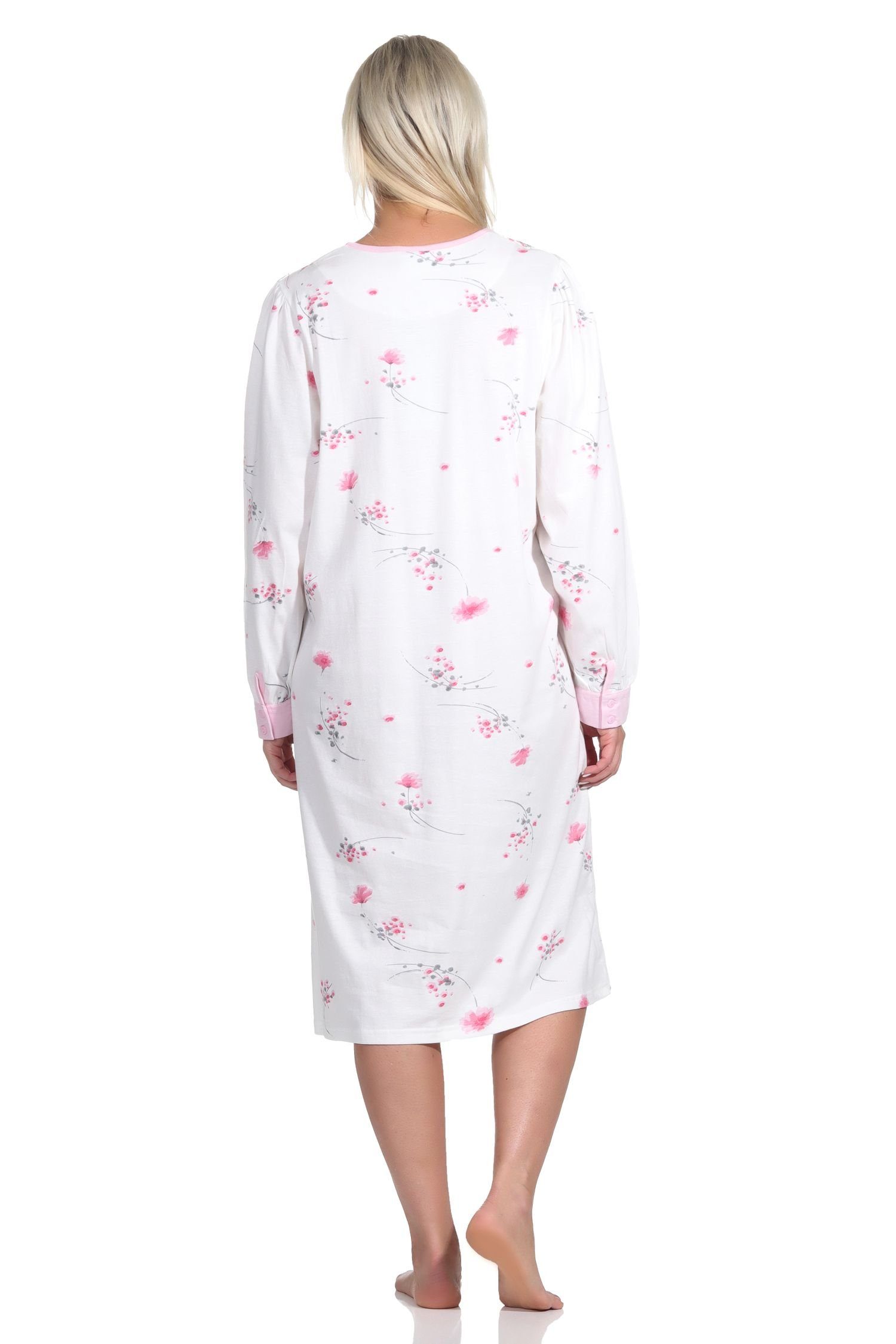 Hals Normann Nachthemd Nachthemd Knopfleiste am Frauliches langarm rosa mit Damen