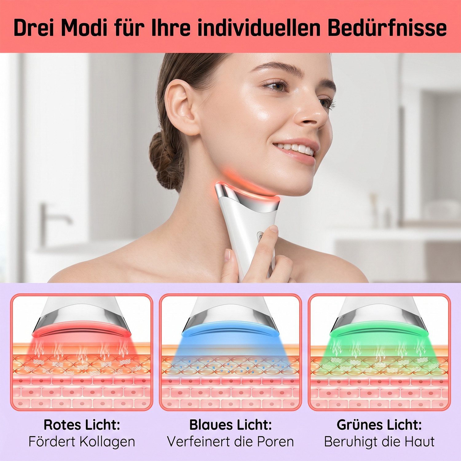 AKKEE Gesichtsmassagegerät EMS Anti Falten Gesichtsgerät massage lifting mit 3 light Modi 45℃, Beautygeschenk, Anti Aging, EMS, Vibration, Rotlichttherapie – Bild 3 von 5