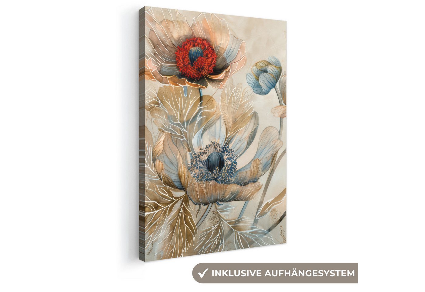 OneMillionCanvasses® Leinwandbild Blumen - Beige - Modern - Illustration, Fotodruck (1 St), Leinwand Canvas Wandbild, Wanddekoration 20x30 cm