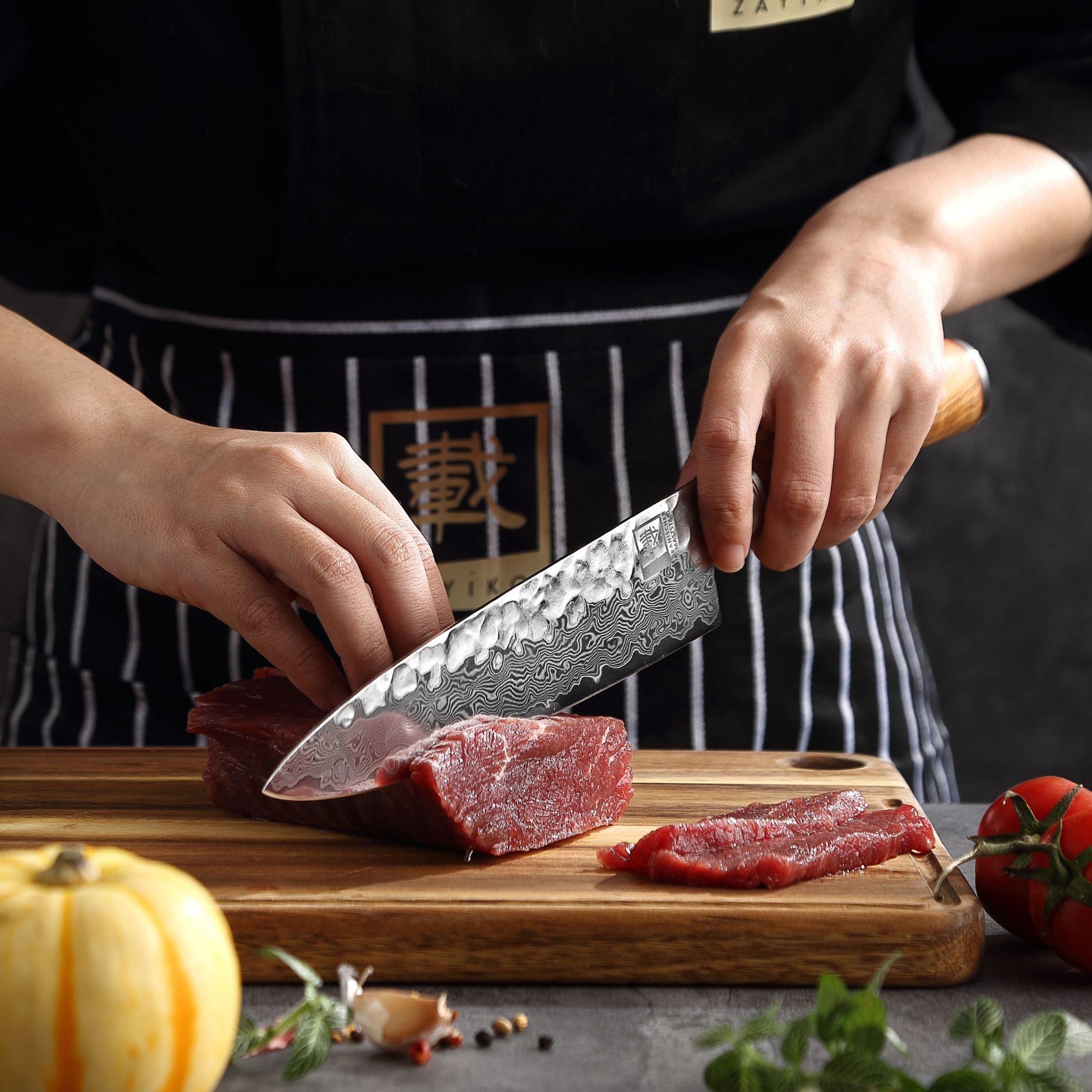 ZAYIKO Universalküchenmesser Minami Damast Guyto Chef Kochmesser 20 cm Klinge Olivenholzgriff, Damaststahl, VG10-Kern, Hammerschlag