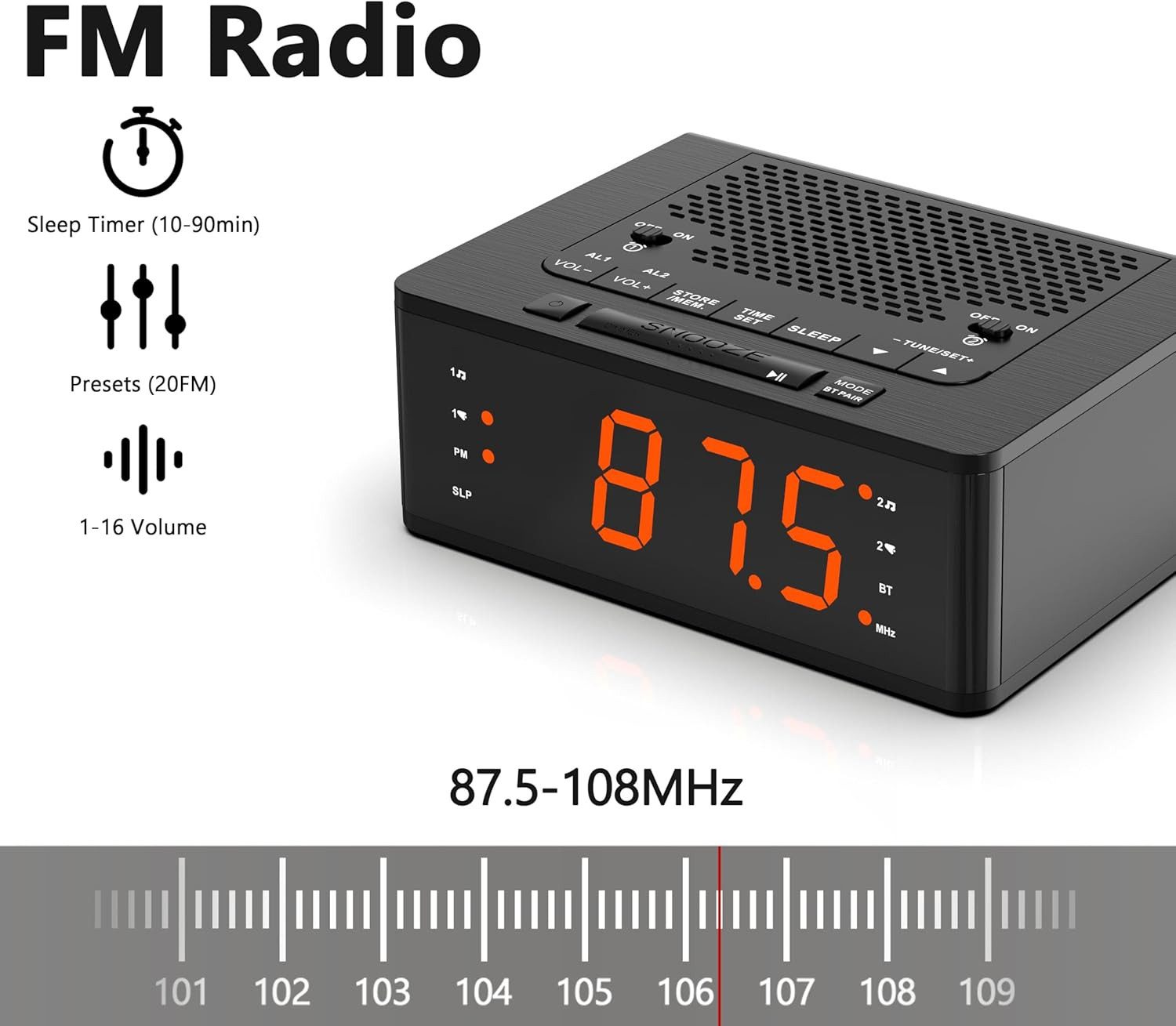 iTOMA Radiowecker Digitaler Bluetooth-Wecker mit FM-Radio, Dual-Alarm & LED-Anzeige Bluetooth, FM-Radio, Sleep-Timer, Dimmfunktion, modernes Design – Bild 3 von 5