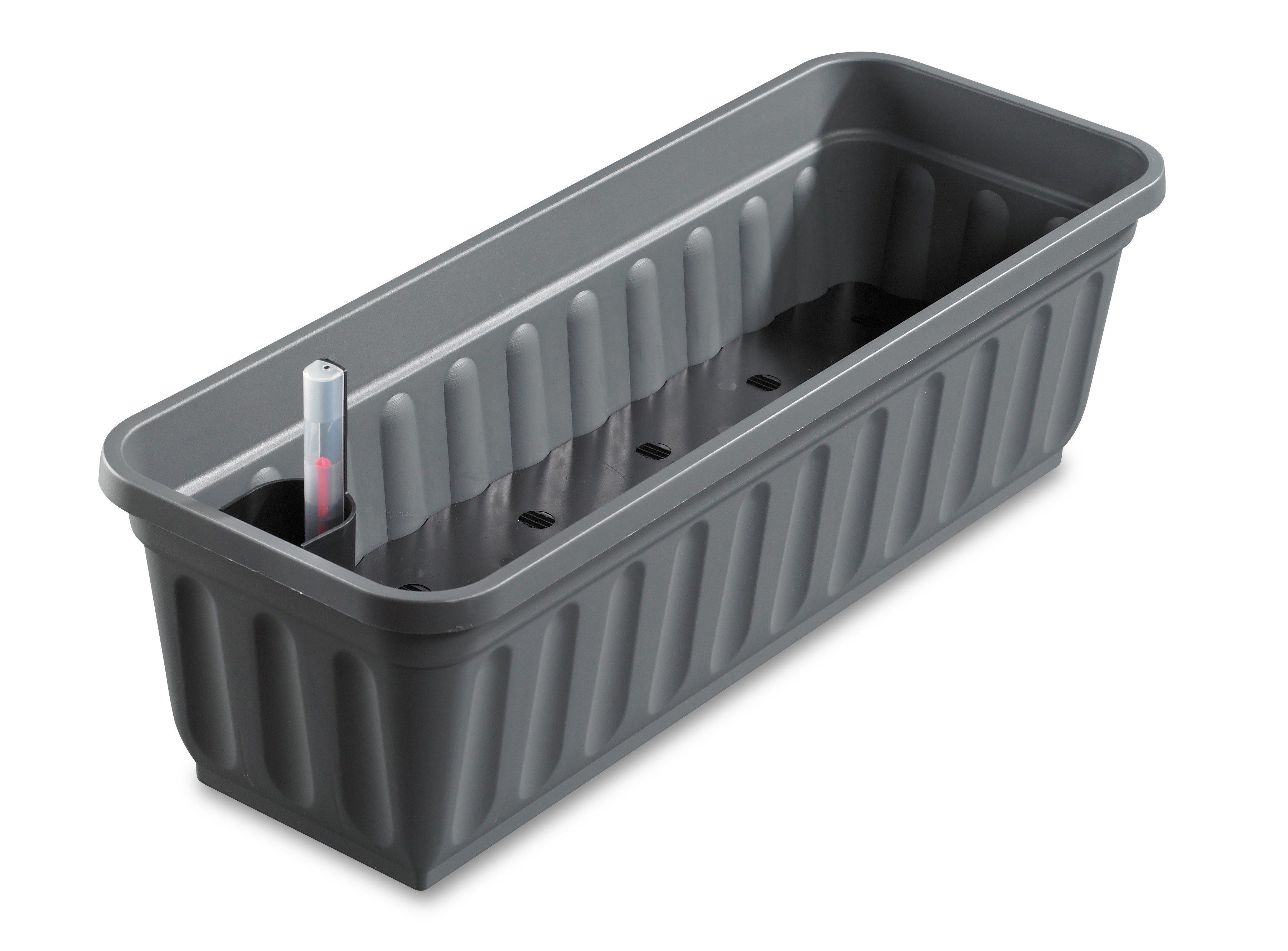 ALPFA Balkonkasten anthrazit 60 cm mit Wasserspeicher Made in Germany Blumenkasten (Spar-Set, Balkonkasten mit Bewässerungssystem und Abstandshalter), wetterfest