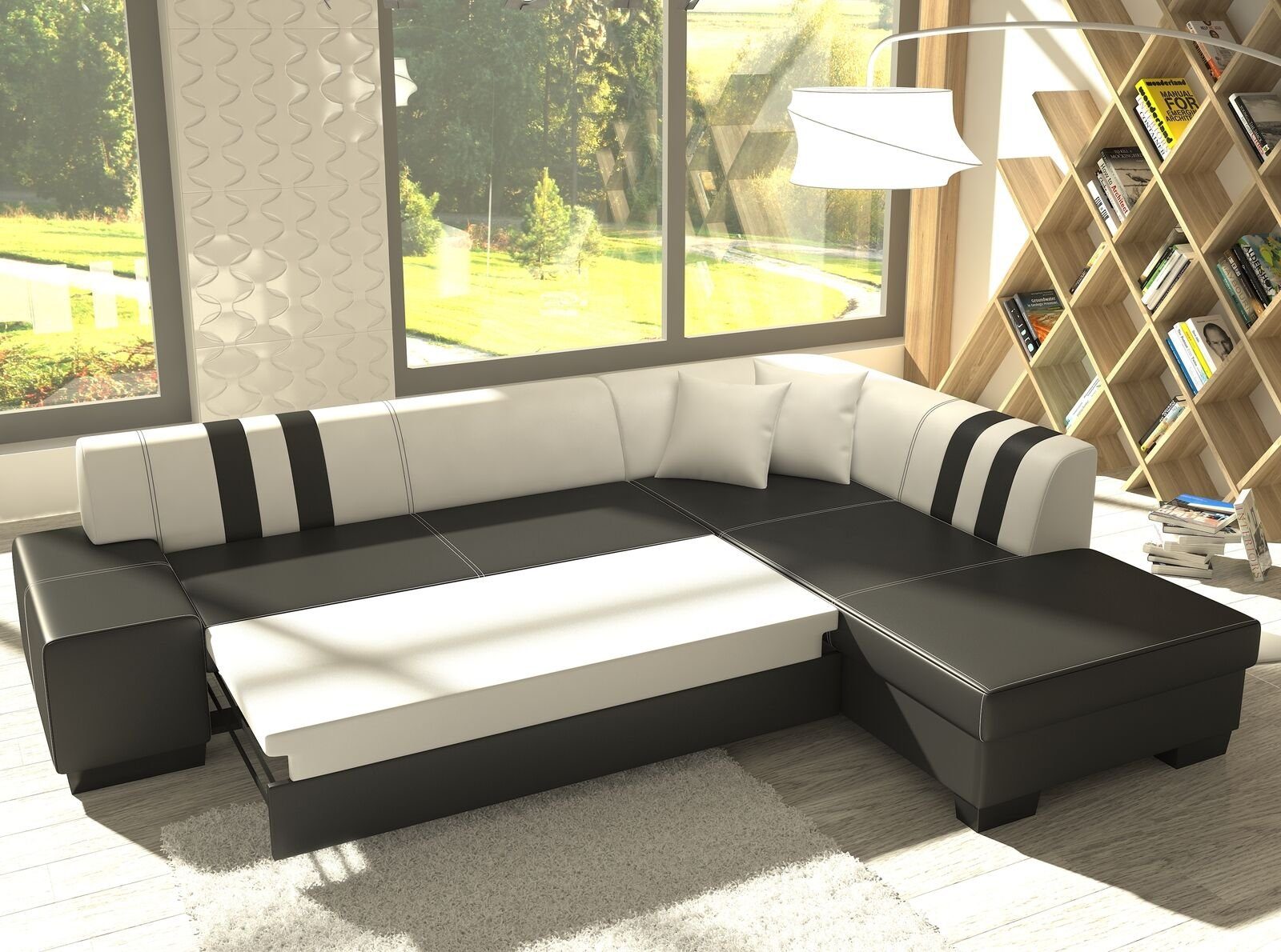JVmoebel Ecksofa, Klassisch Design Ecksofa Porto II Bettfunktion Couch Textil Sofas Schwarz / Weiß