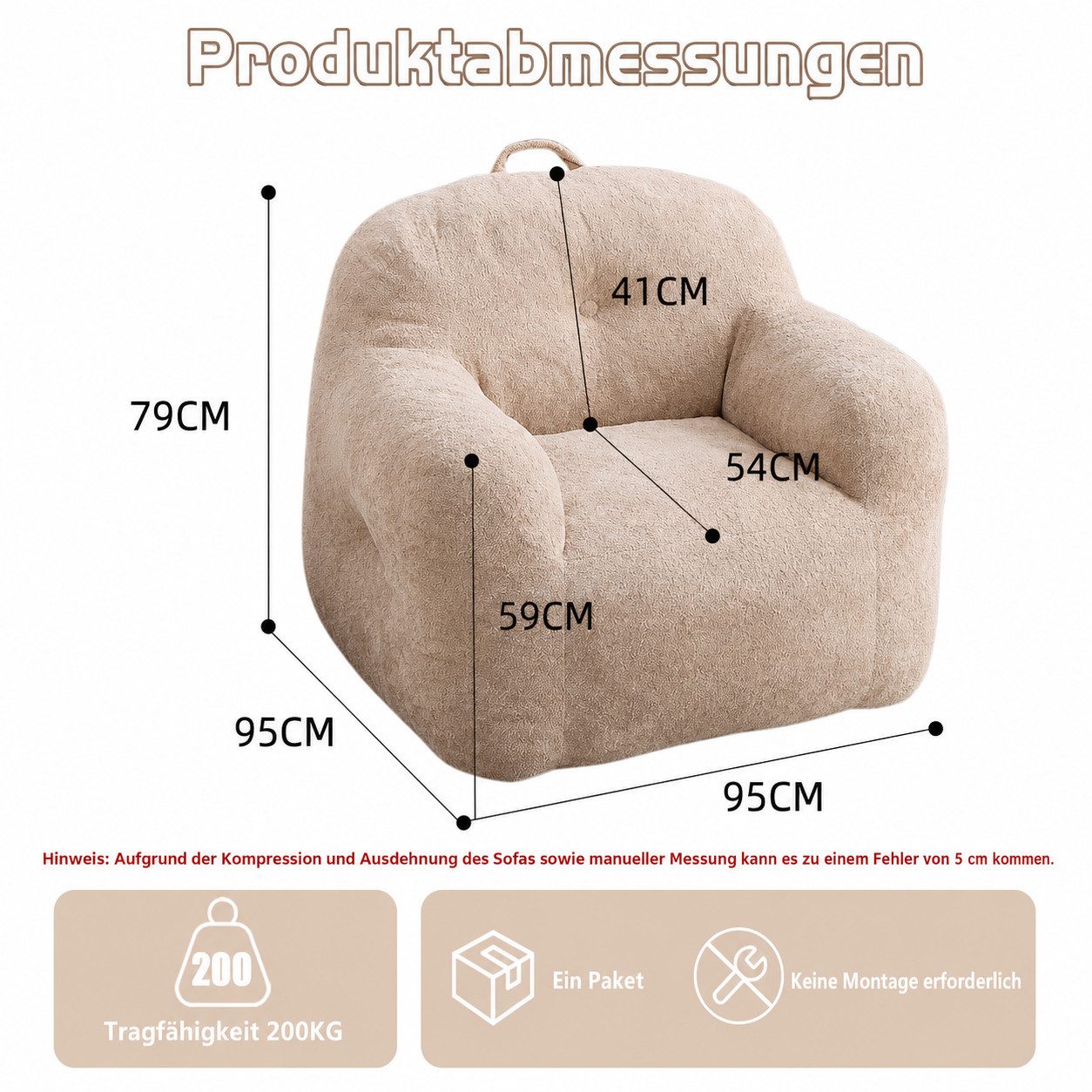 Vankel Relaxliege Sofas Wohnzimmer Loungesessel aus Chenille-Kunstfell weich, Bean Bag Sessel mit Schaumstoffflocken und ohne Montage