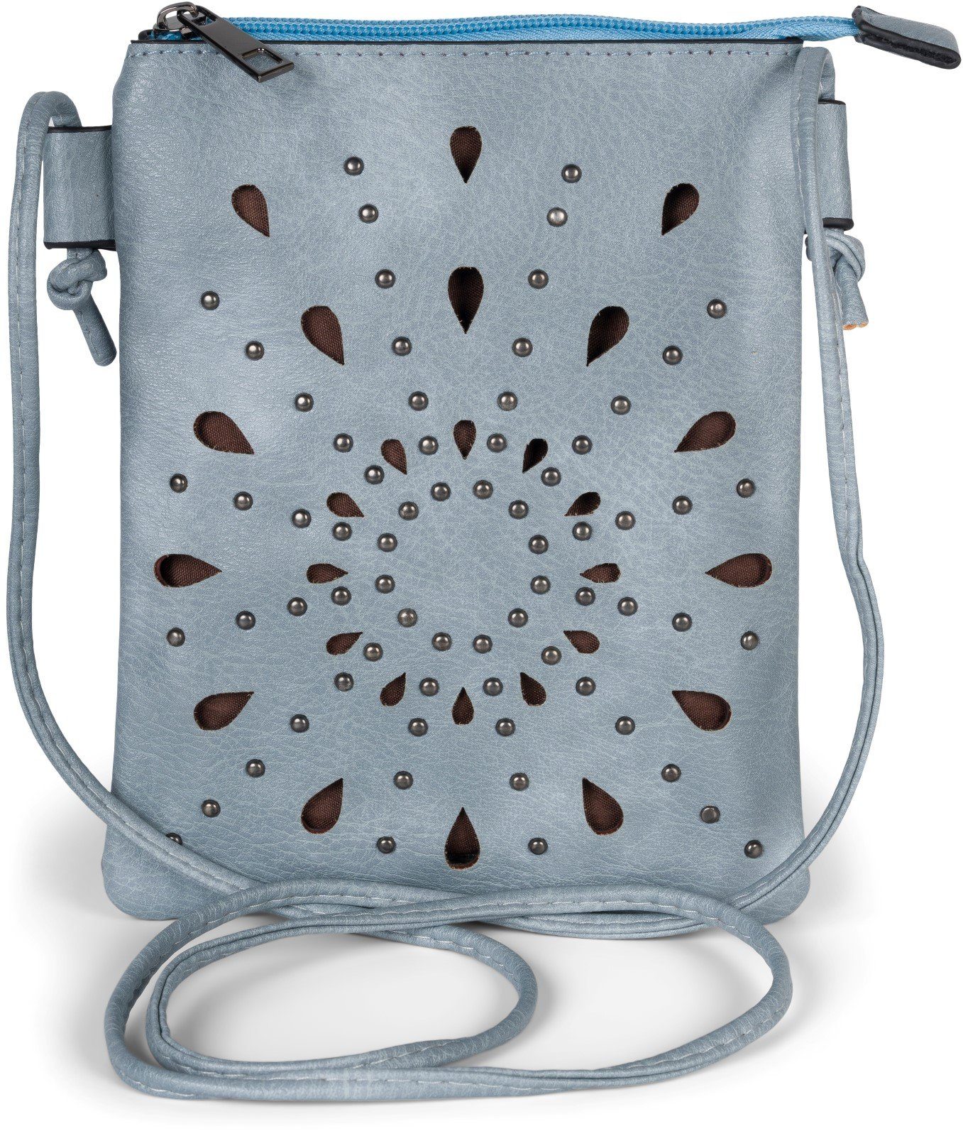 styleBREAKER Mini Bag (1-tlg), Jeansblau Nieten und Blumen Cutouts Mini Umhängetasche