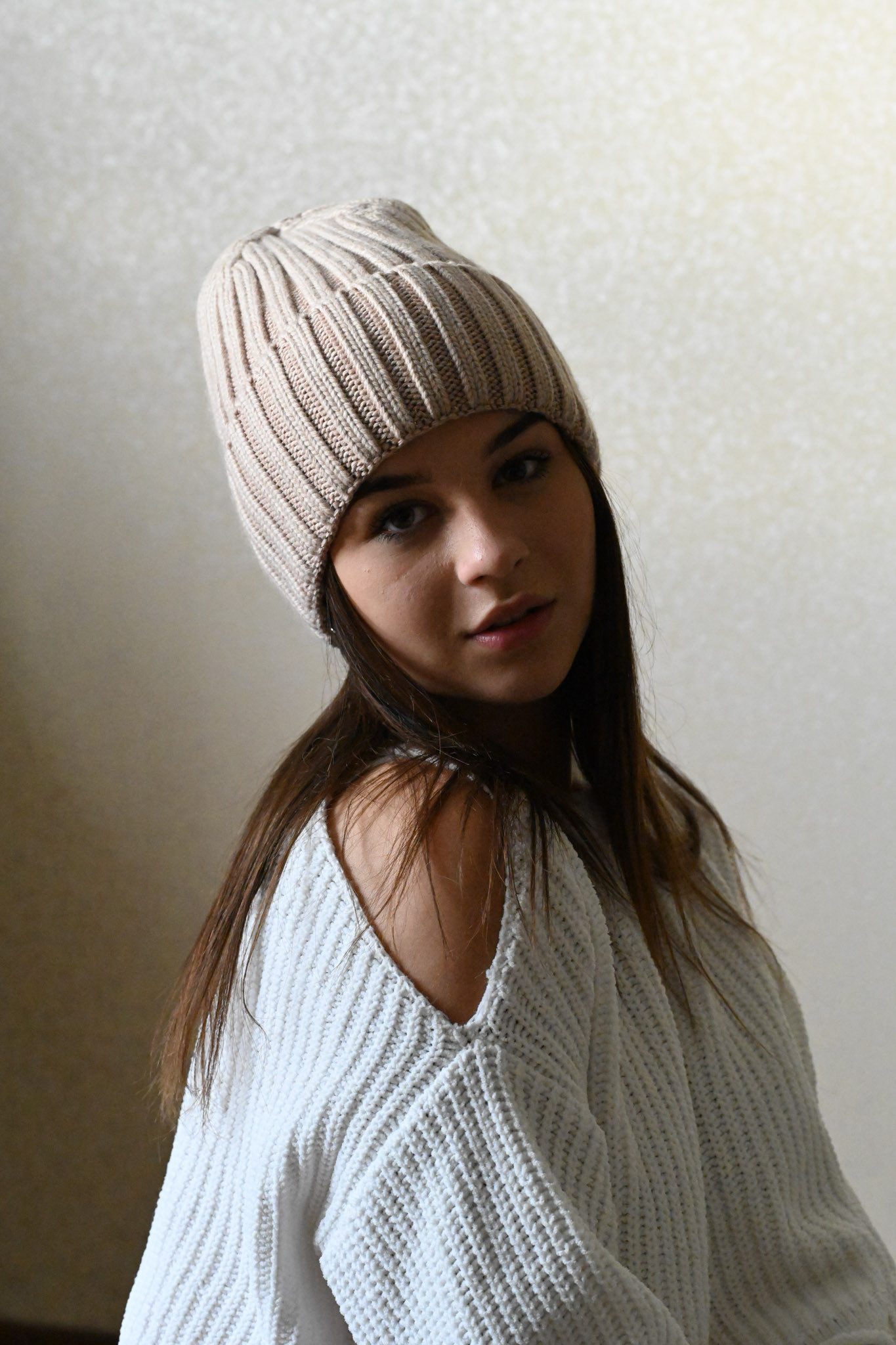 Runde Perlé Beanie warme Wintermütze 100% Merinowolle hellbraun Beanie aus reiner, extrafeiner Merinowolle mit Umschlag
