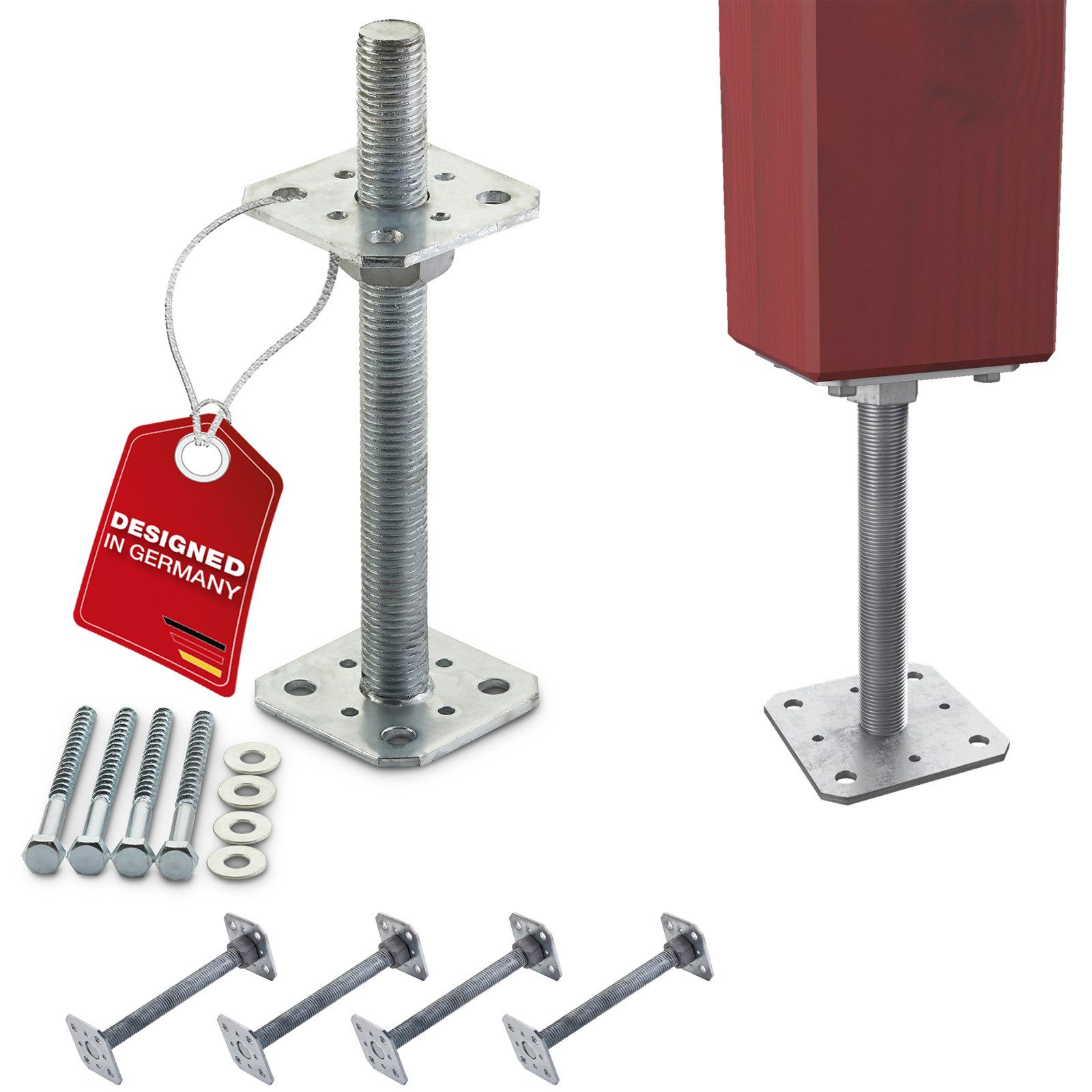 SO-TECH® Pfostenträger Stützträger höhenverstellbar Gewinde M24 Stahl feuerverzinkt, (4-St), zum Aufschrauben, wetterfest, 80 x 80 x 250 mm